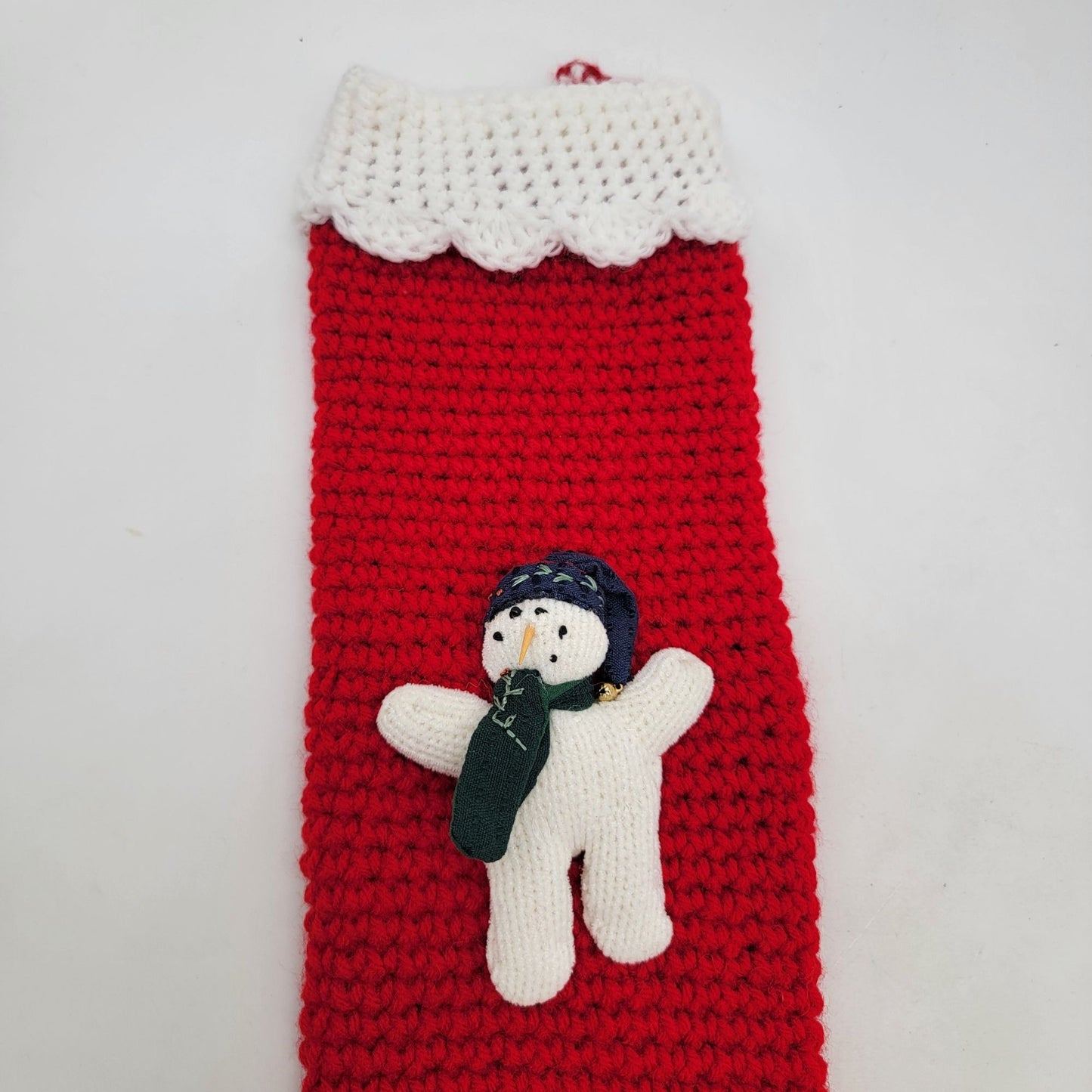 Vintage Hand-Crocheted Snowman Christmas Stocking Red & White