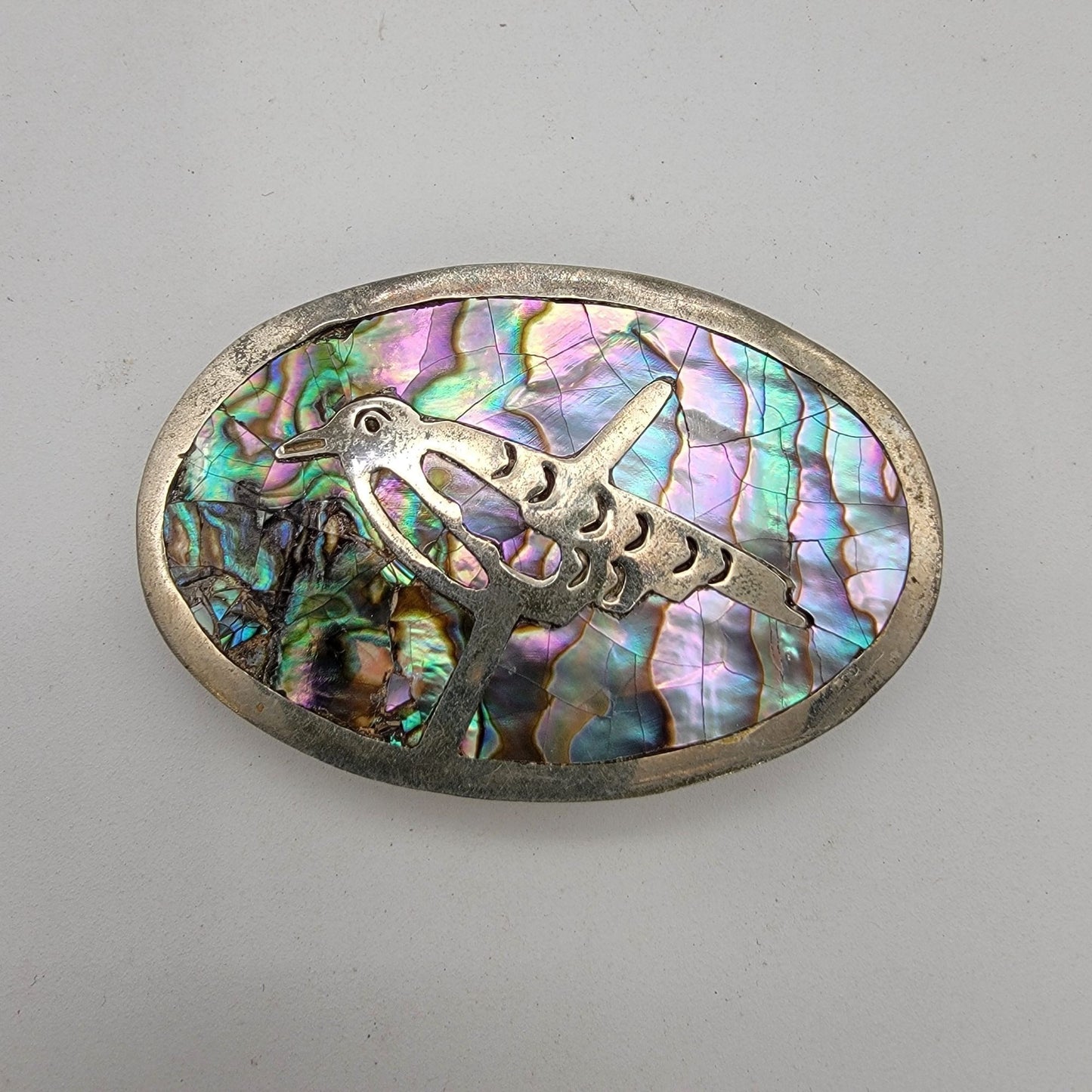 Vintage Mexican Abalone Inlay Belt Buckle With Bird