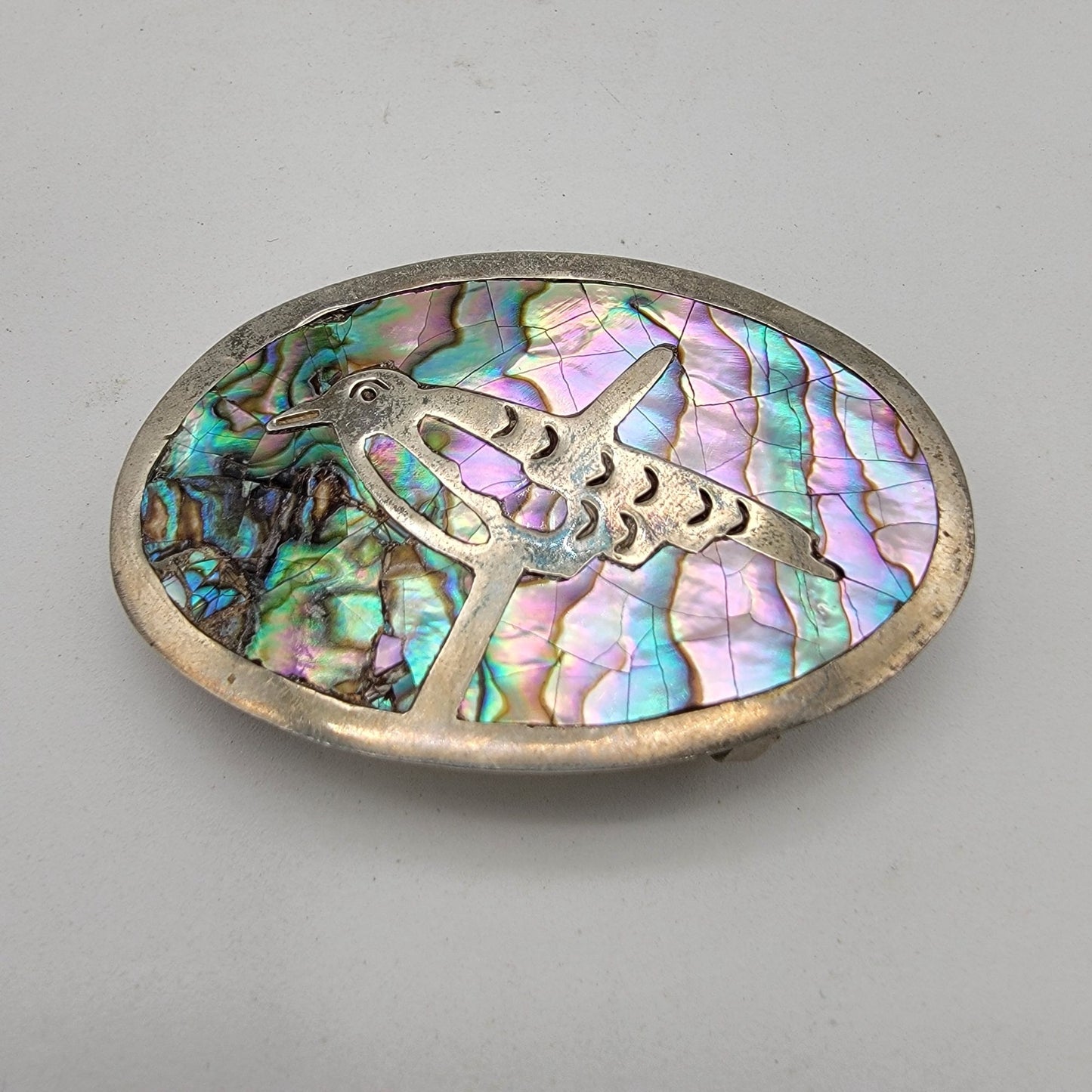 Vintage Mexican Abalone Inlay Belt Buckle With Bird
