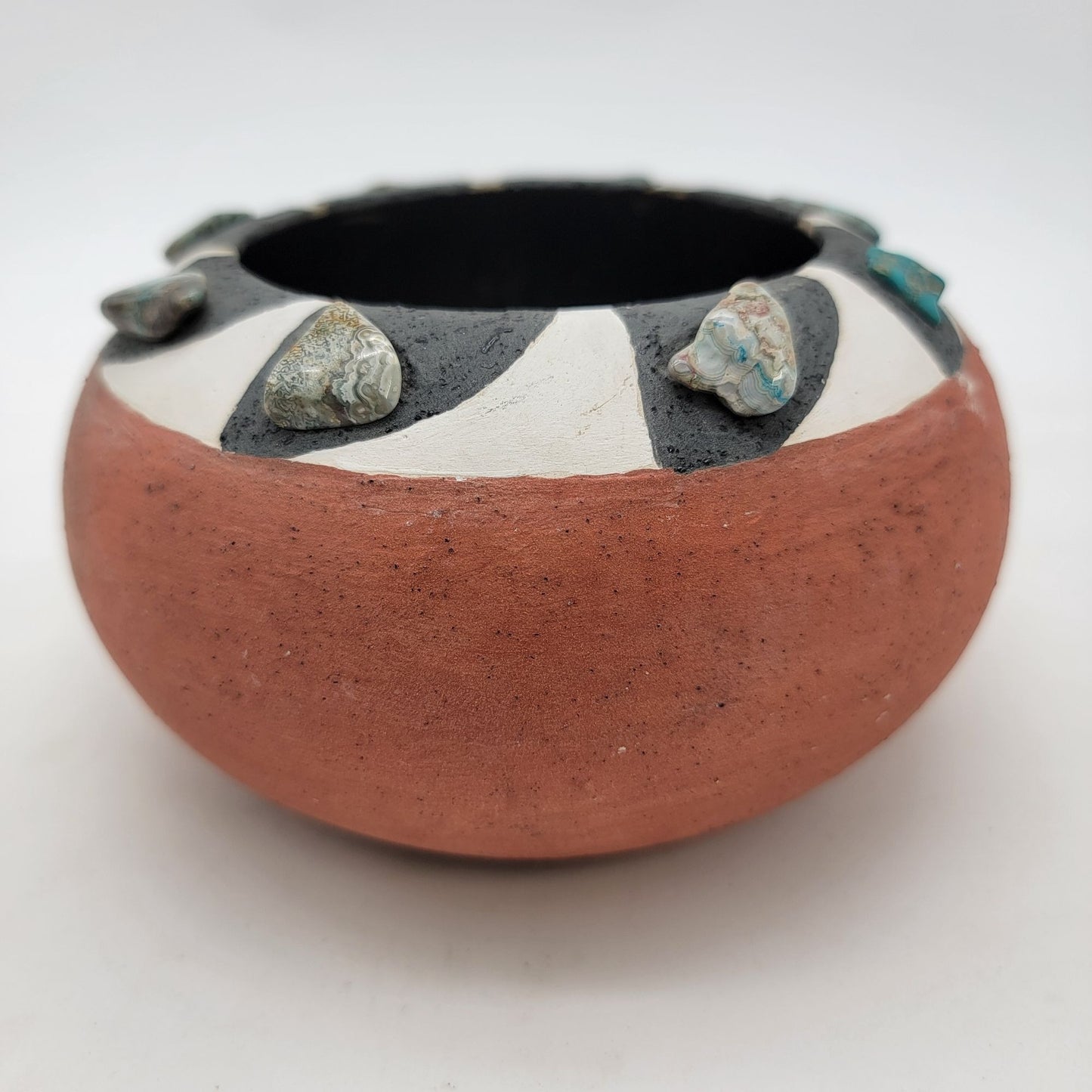 Native American Handmade Terracotta Pot Adorned With Turquoise Gemstones & Black/White Design