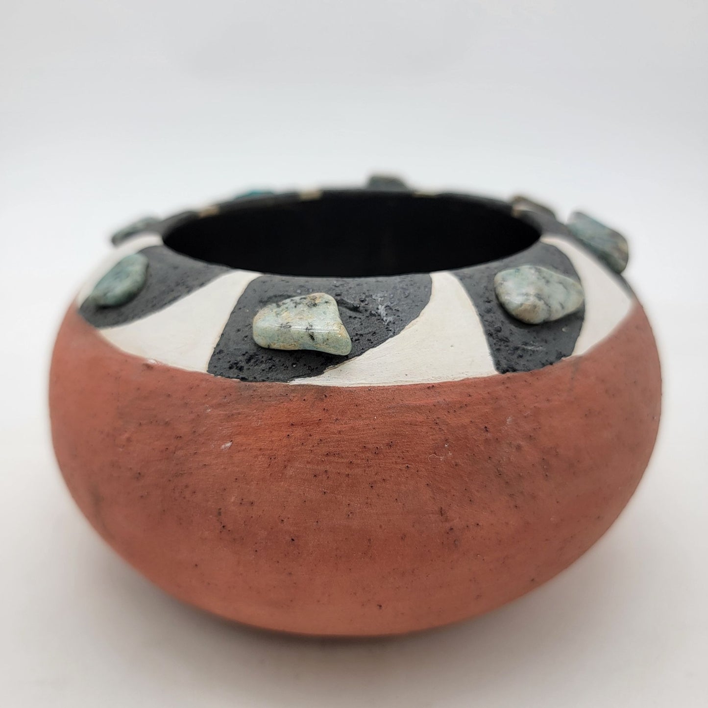 Native American Handmade Terracotta Pot Adorned With Turquoise Gemstones & Black/White Design