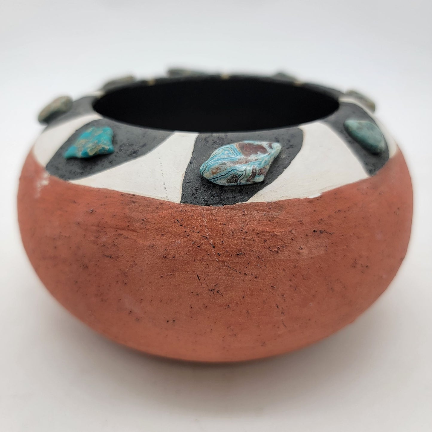 Native American Handmade Terracotta Pot Adorned With Turquoise Gemstones & Black/White Design