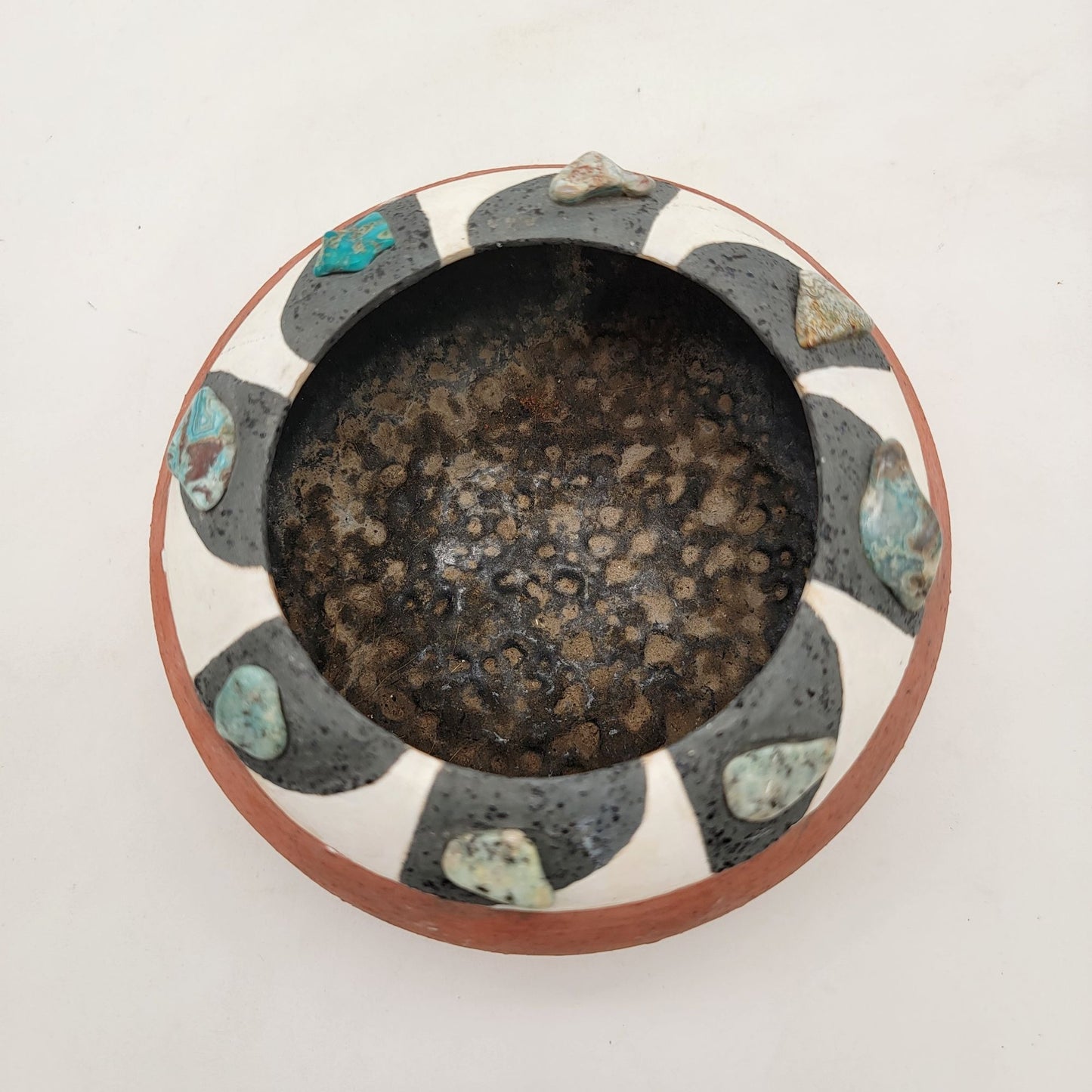 Native American Handmade Terracotta Pot Adorned With Turquoise Gemstones & Black/White Design