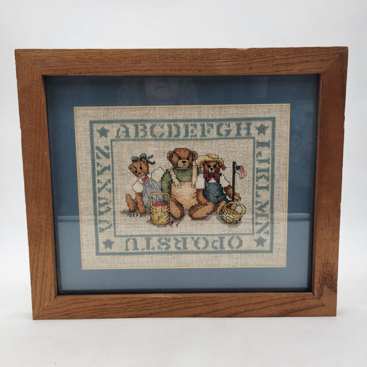 Vintage 1993 Cross-Stitch Alphabet Sampler Bears Signed