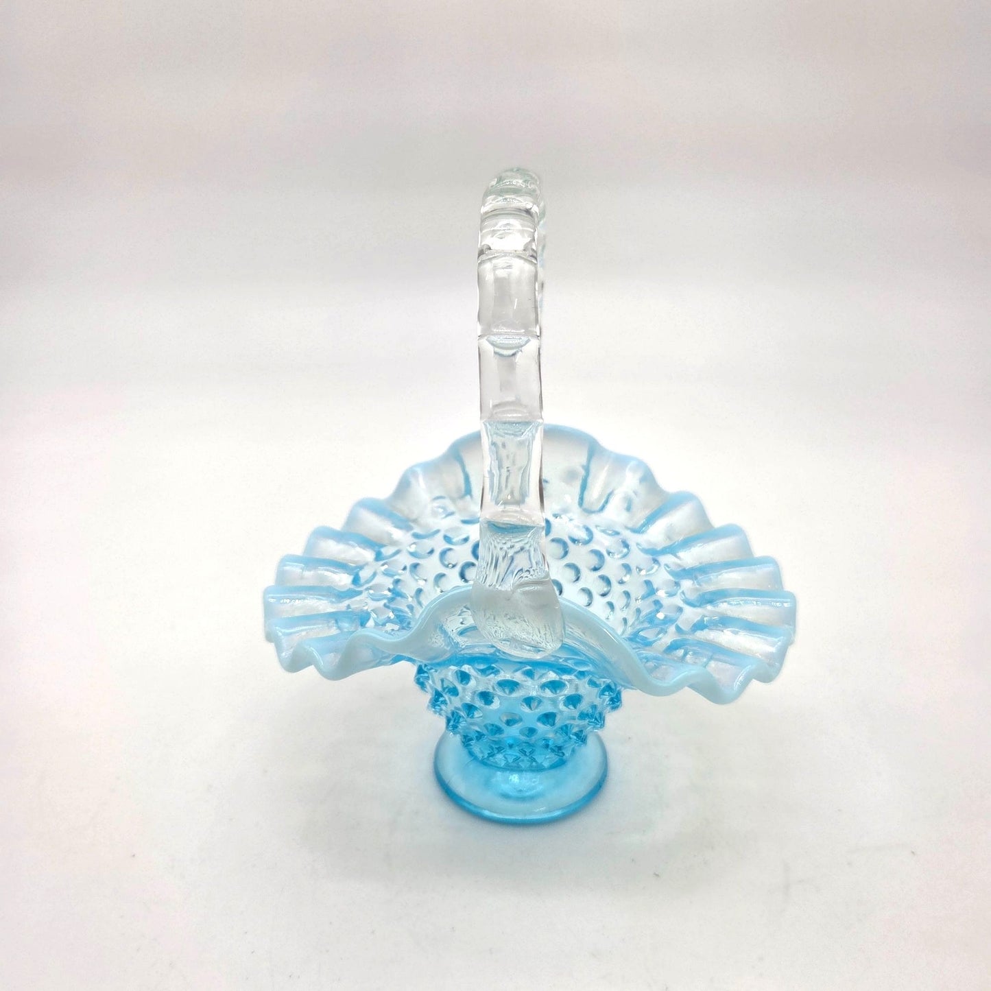Vintage Fenton Blue Opalescent Glass Hobnail Ruffle Basket