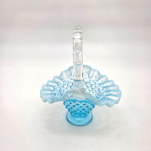 Vintage Fenton Blue Opalescent Glass Hobnail Ruffle Basket