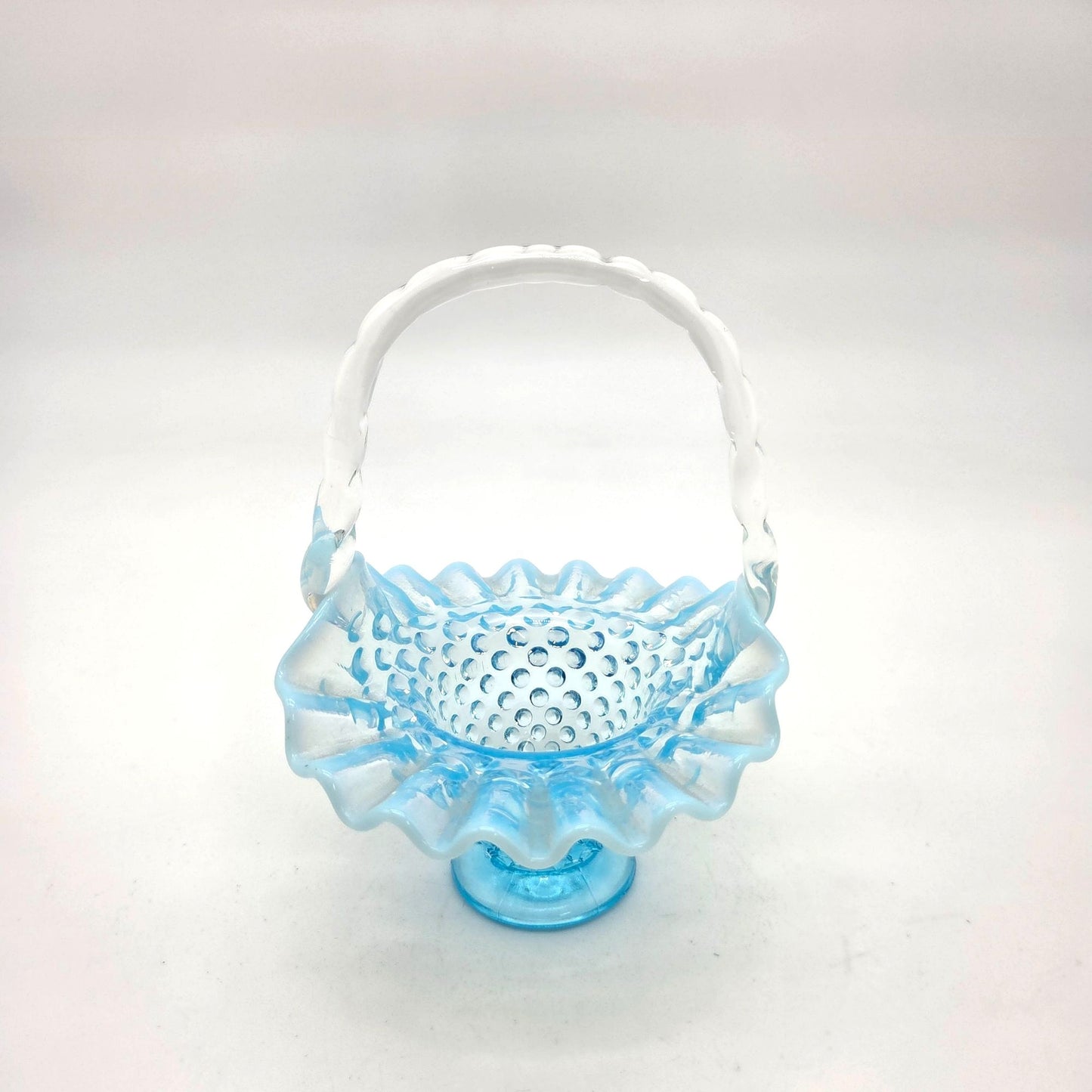 Vintage Fenton Blue Opalescent Glass Hobnail Ruffle Basket