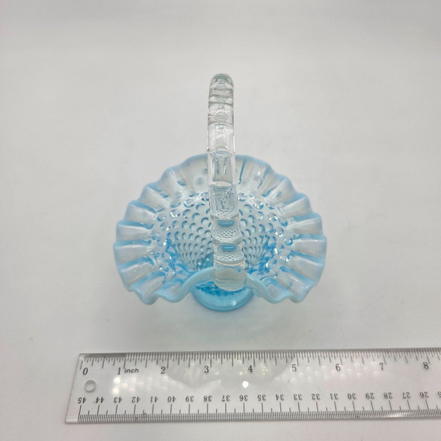 Vintage Fenton Blue Opalescent Glass Hobnail Ruffle Basket