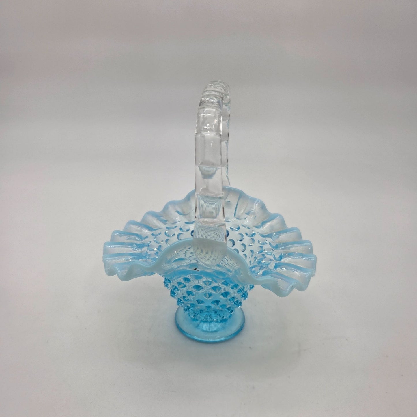 Vintage Fenton Blue Opalescent Glass Hobnail Ruffle Basket