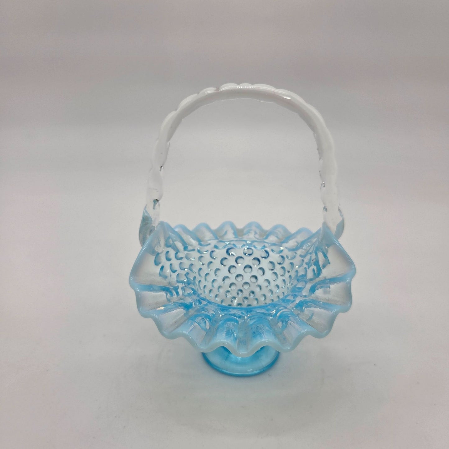 Vintage Fenton Blue Opalescent Glass Hobnail Ruffle Basket