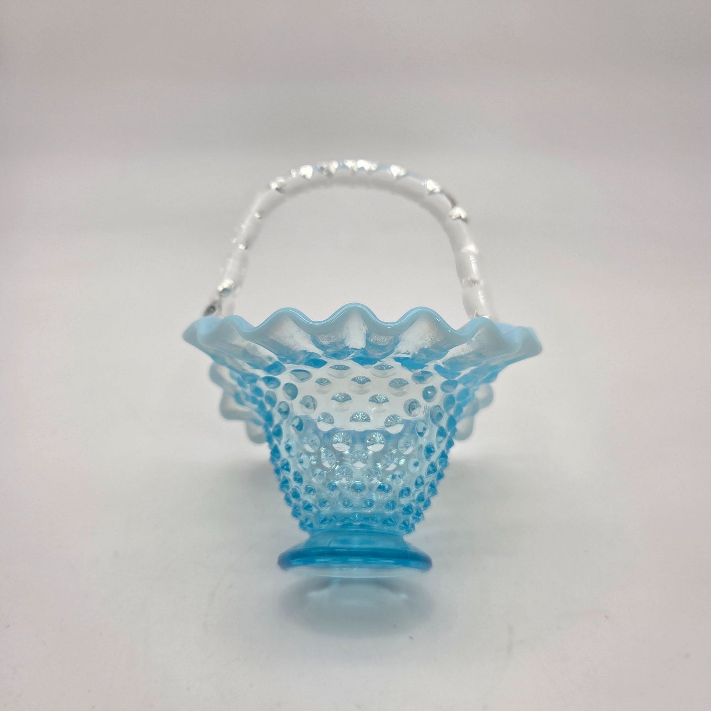 Vintage Fenton Blue Opalescent Glass Hobnail Ruffle Basket