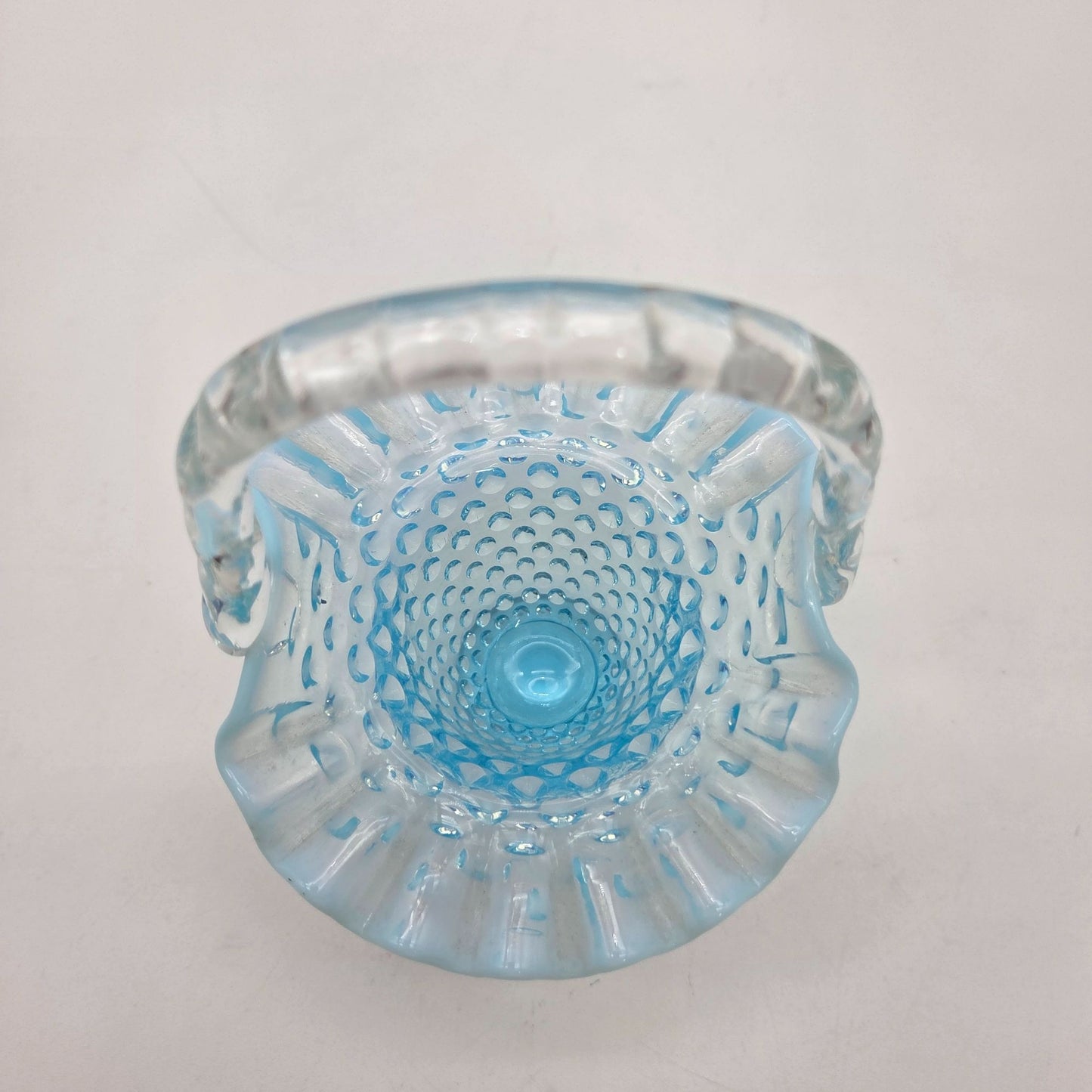 Vintage Fenton Blue Opalescent Glass Hobnail Ruffle Basket