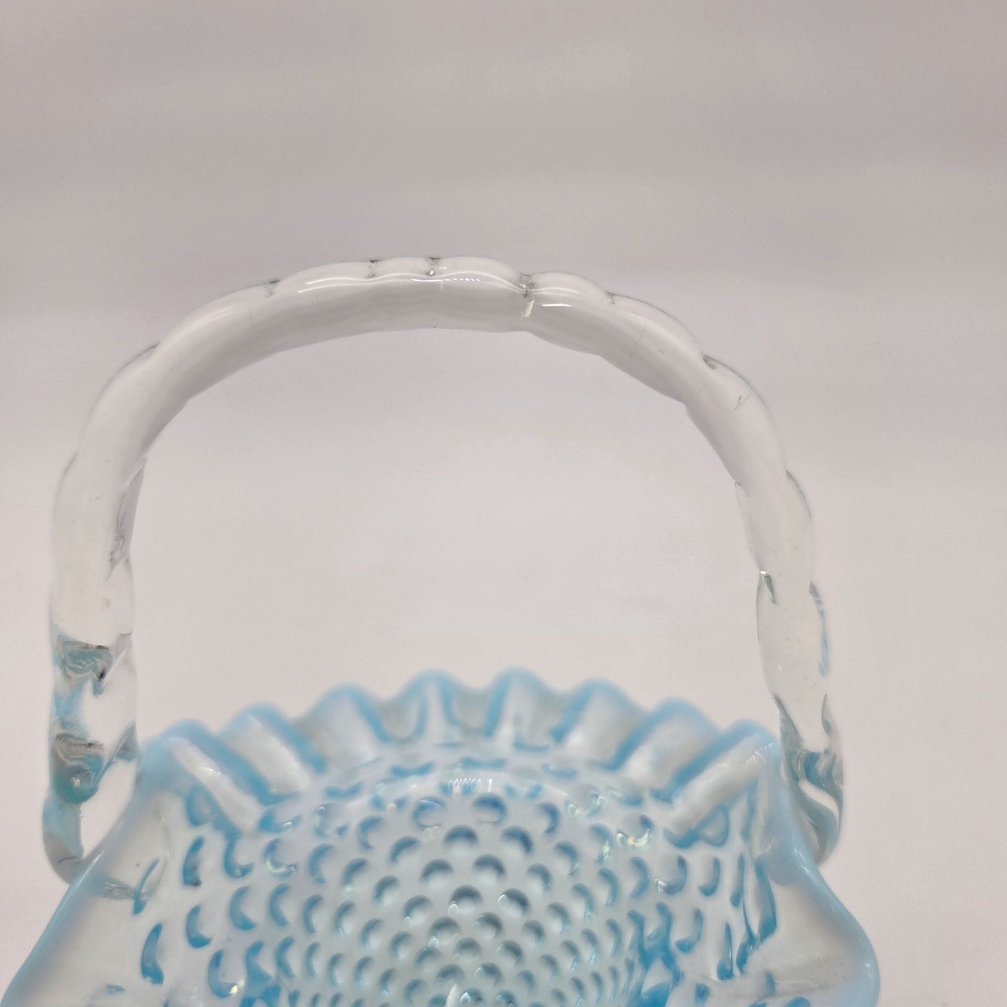 Vintage Fenton Blue Opalescent Glass Hobnail Ruffle Basket