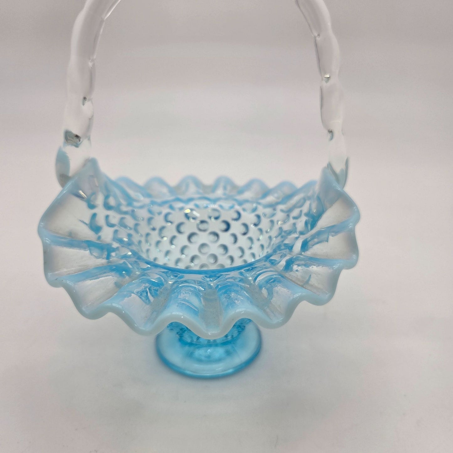 Vintage Fenton Blue Opalescent Glass Hobnail Ruffle Basket