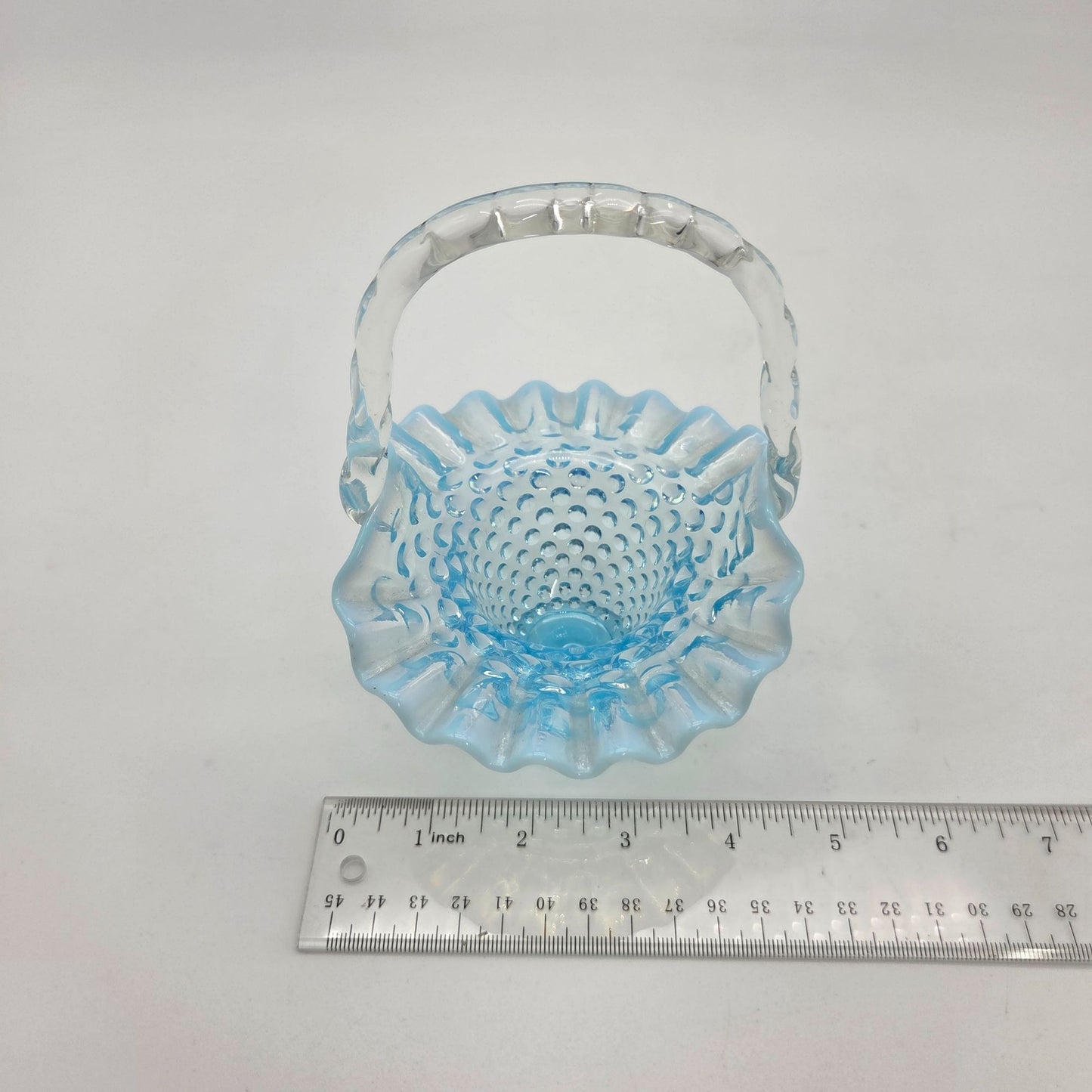 Vintage Fenton Blue Opalescent Glass Hobnail Ruffle Basket