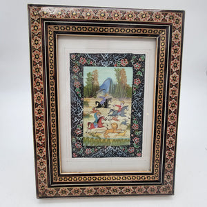 Persian Miniature Hunting Scene Painting In Khatam Inlaid Mosaic Frame