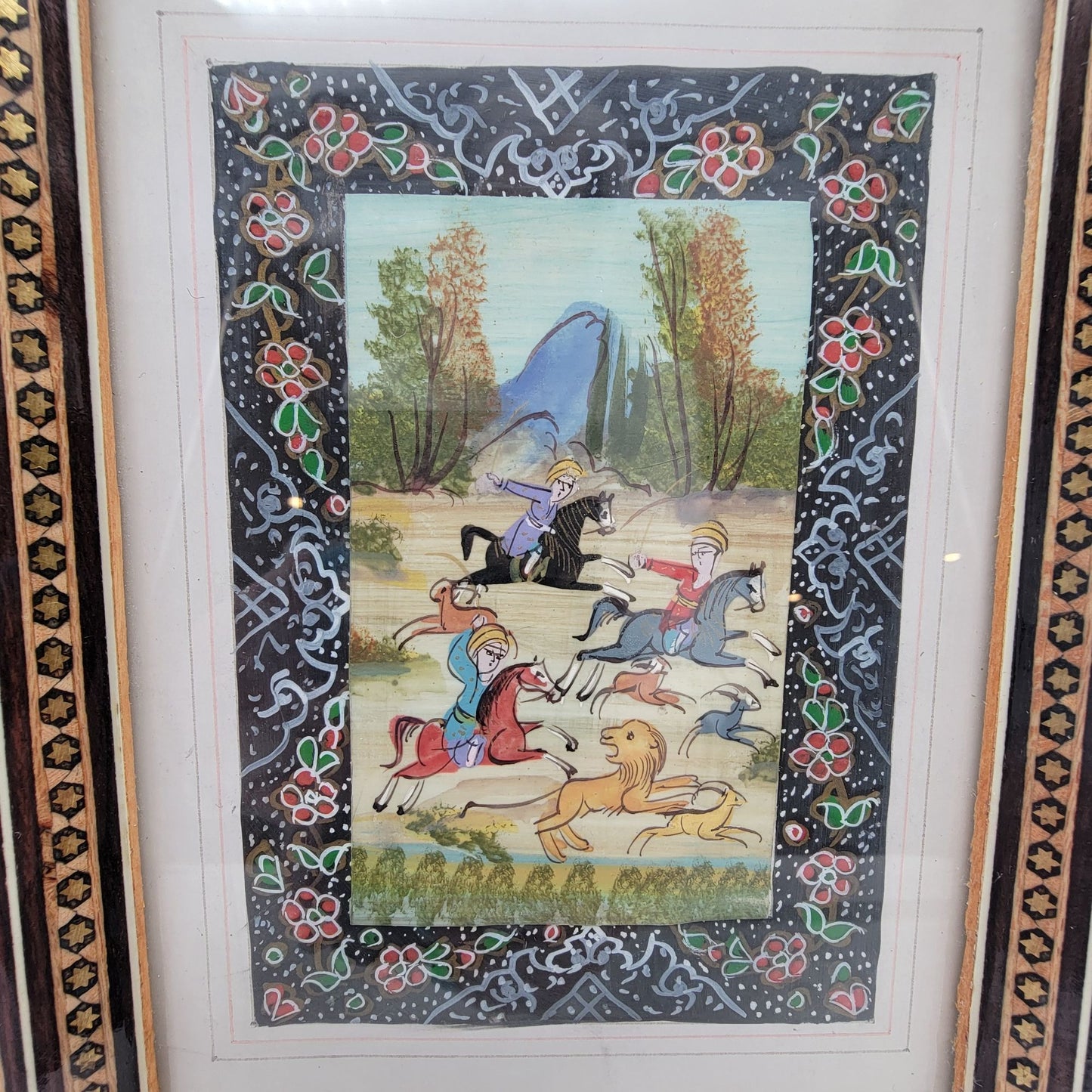 Persian Miniature Hunting Scene Painting In Khatam Inlaid Mosaic Frame