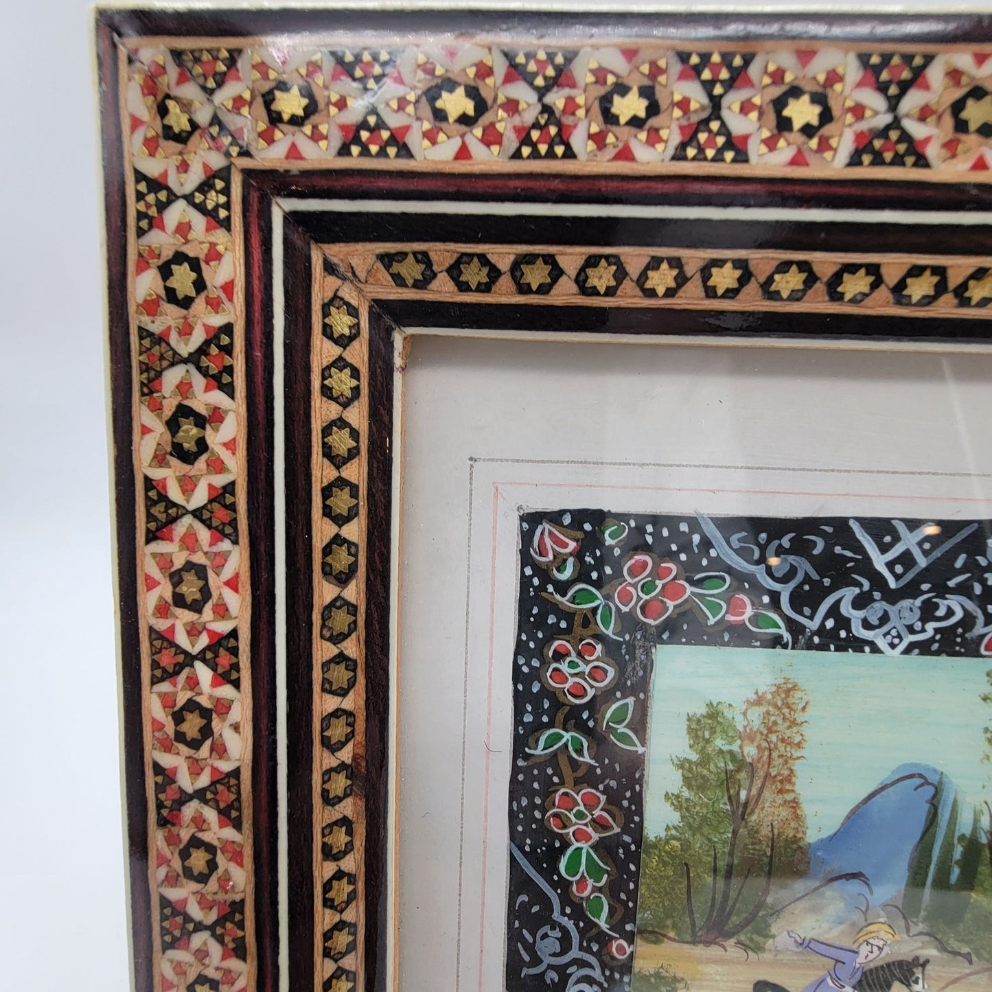 Persian Miniature Hunting Scene Painting In Khatam Inlaid Mosaic Frame