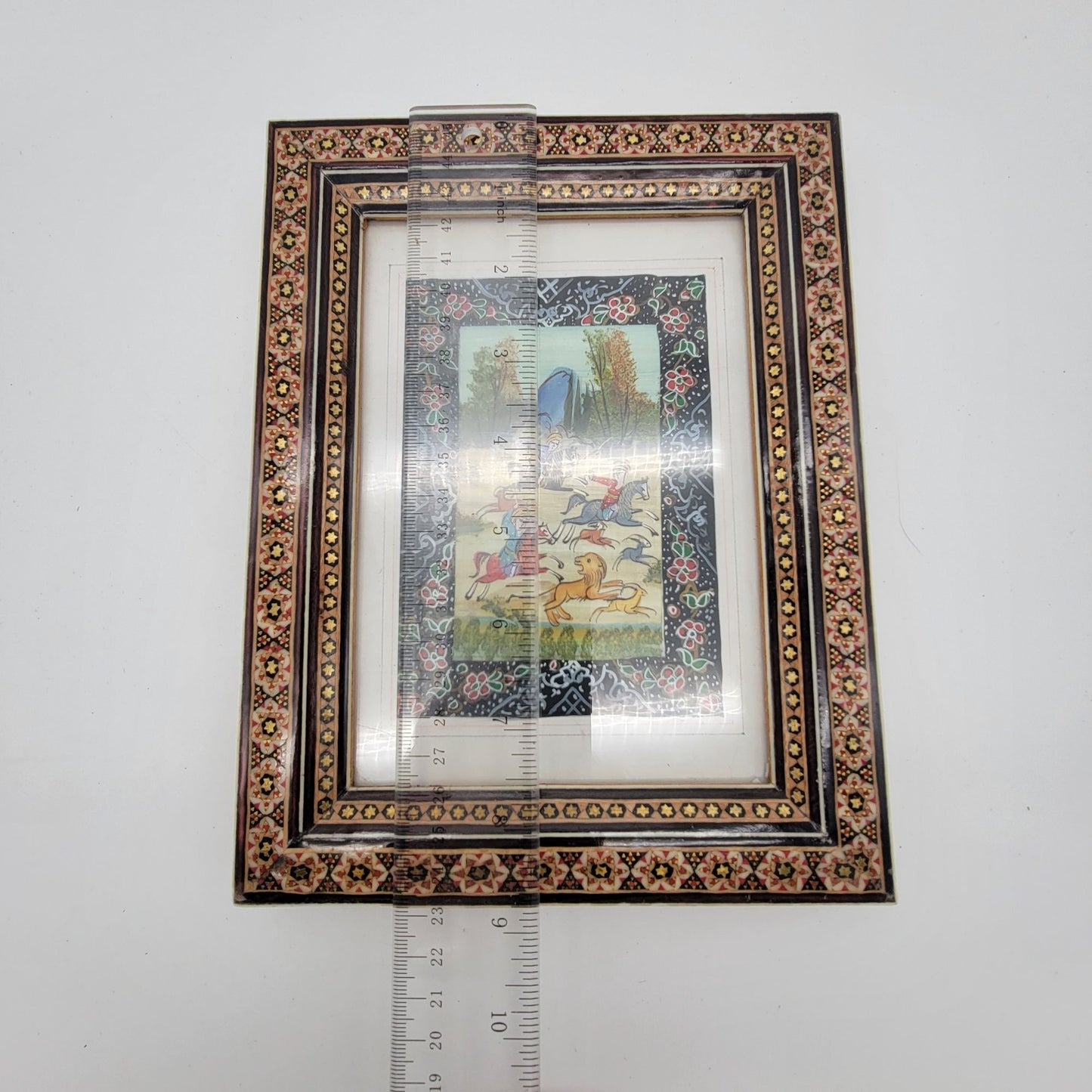 Persian Miniature Hunting Scene Painting In Khatam Inlaid Mosaic Frame