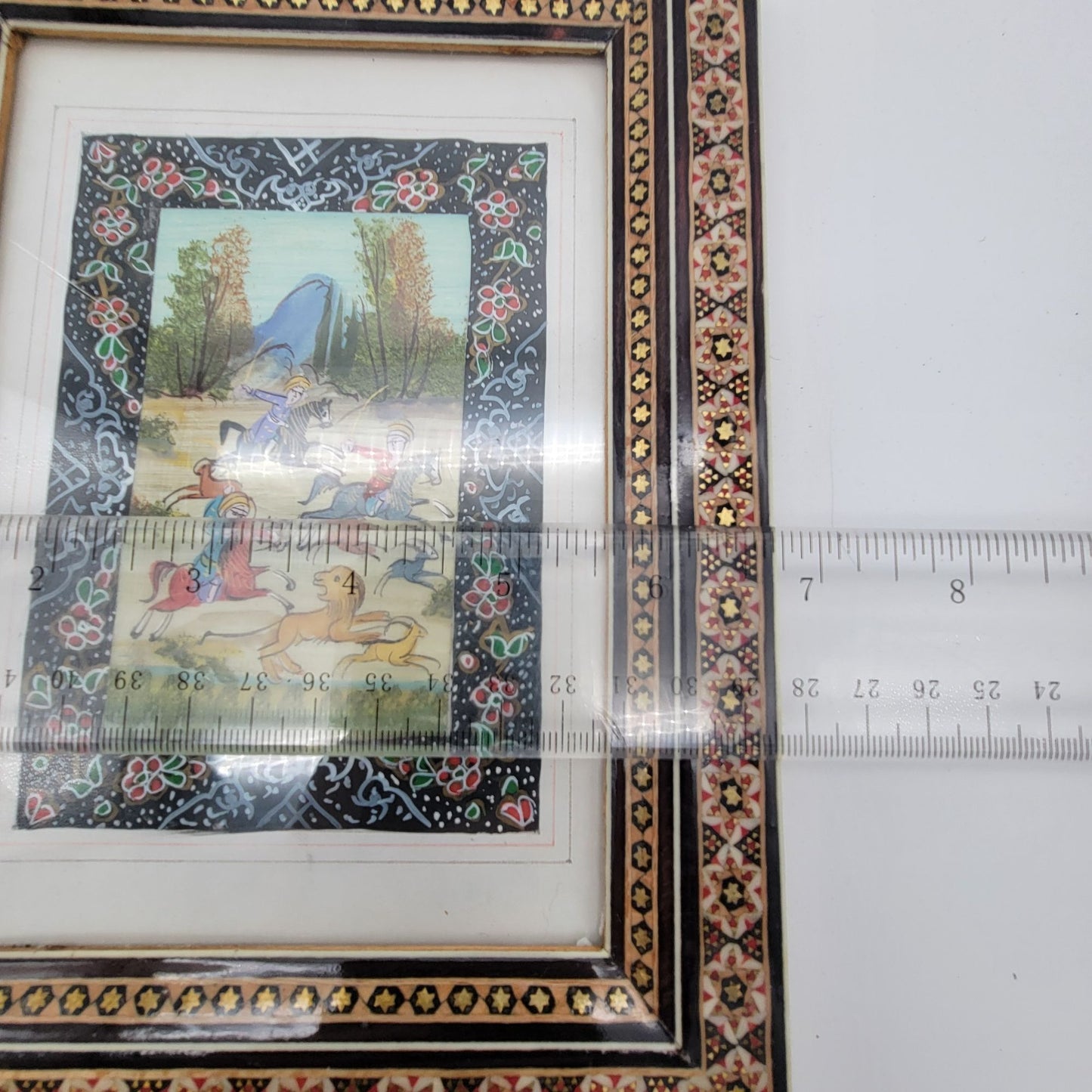 Persian Miniature Hunting Scene Painting In Khatam Inlaid Mosaic Frame