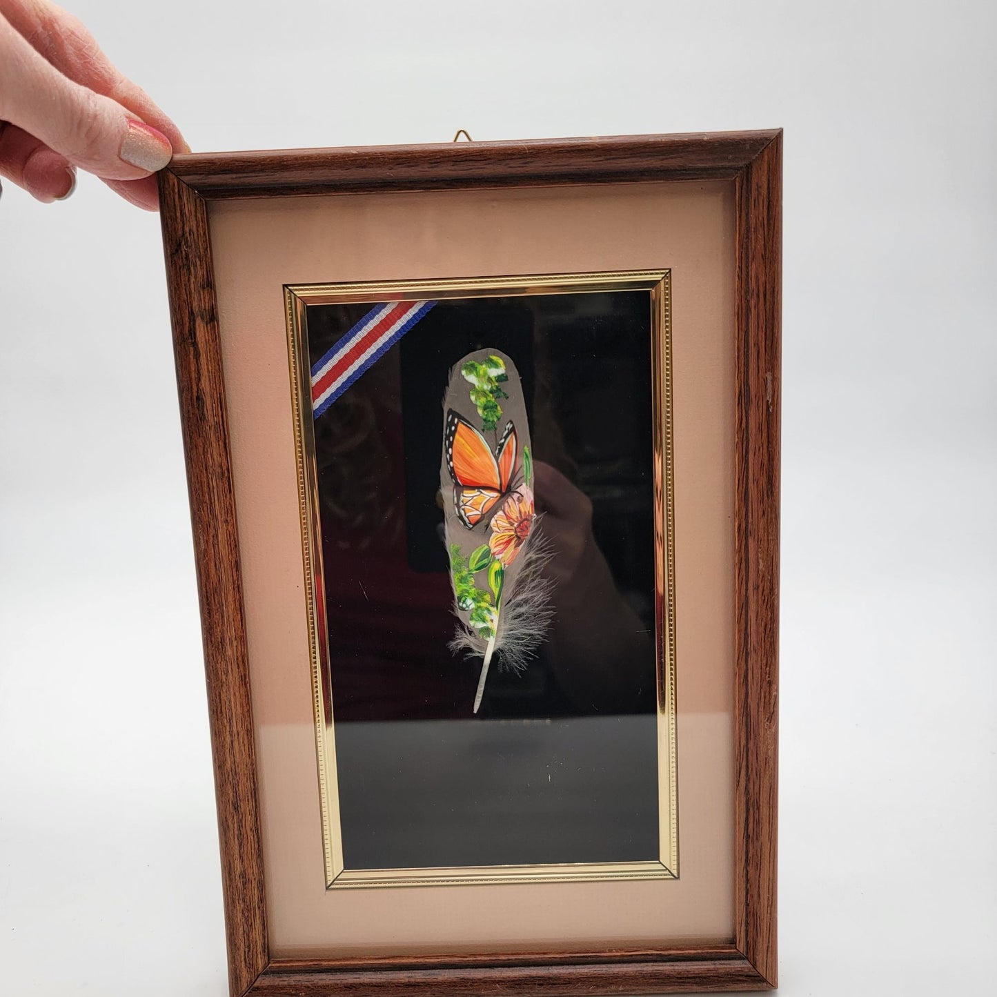 Painted Feather Art With Monarch Butterfly & Flowers