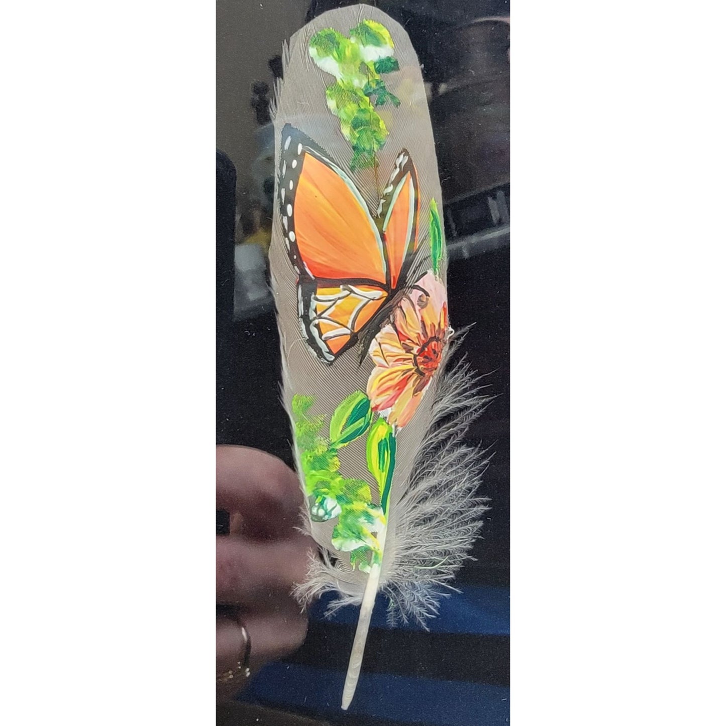 Painted Feather Art With Monarch Butterfly & Flowers
