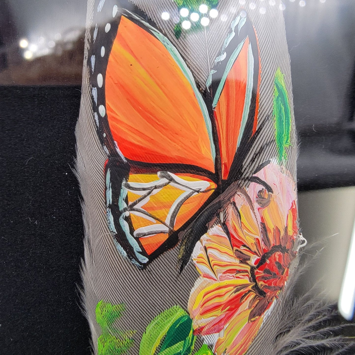 Painted Feather Art With Monarch Butterfly & Flowers