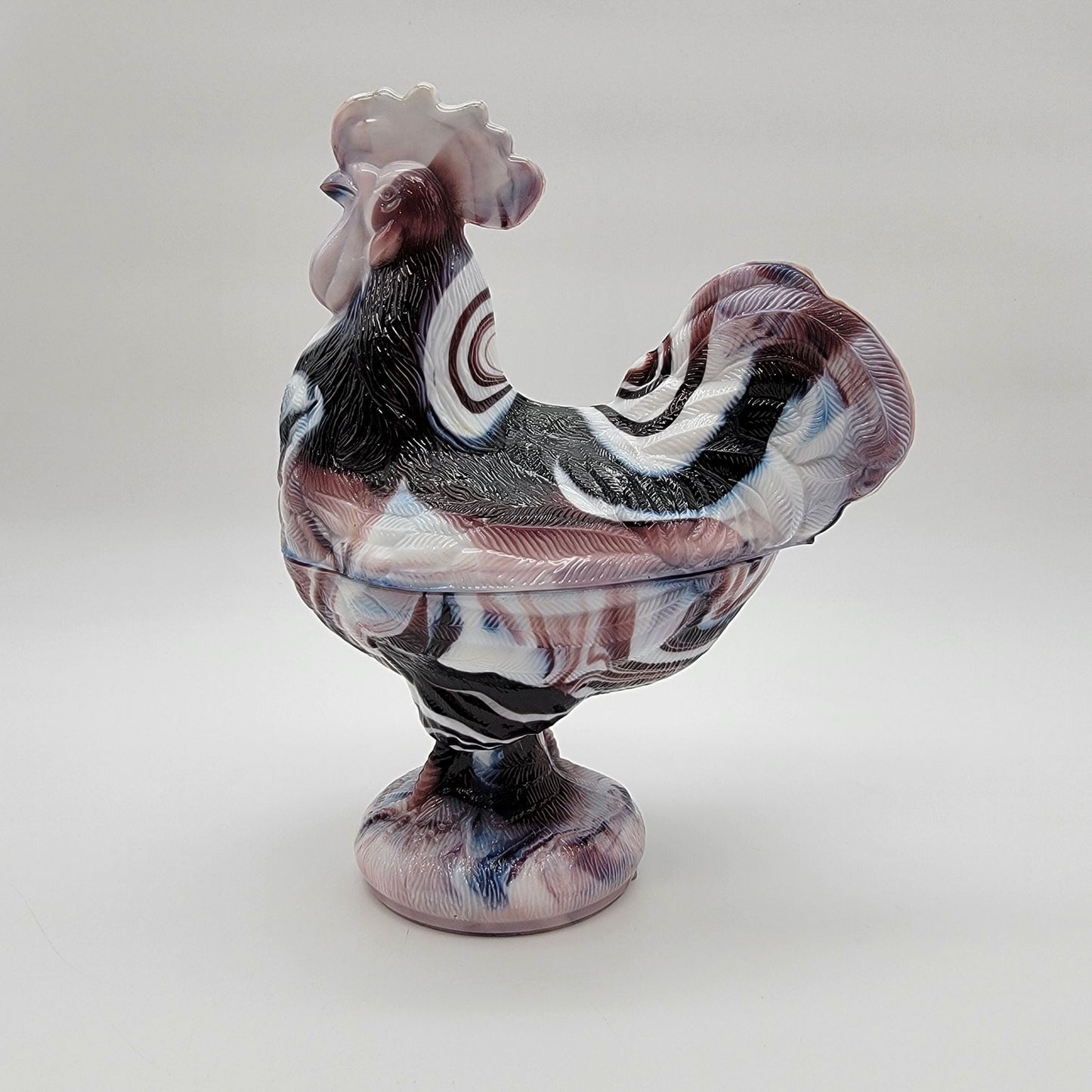 Vintage Westmoreland Amethyst Purple Slag Glass Standing Rooster Covered Dish - As Found