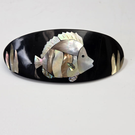 Inlaid Mother Of Pearl Fish Design Oval Hair Barrette