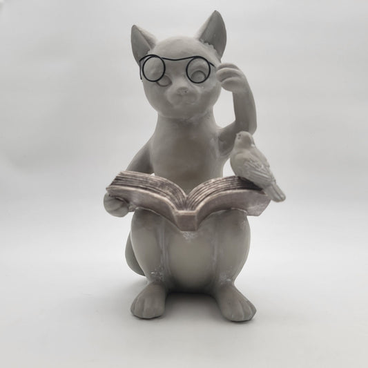 Whimsical Cat With Glasses Reading Book Garden Statue