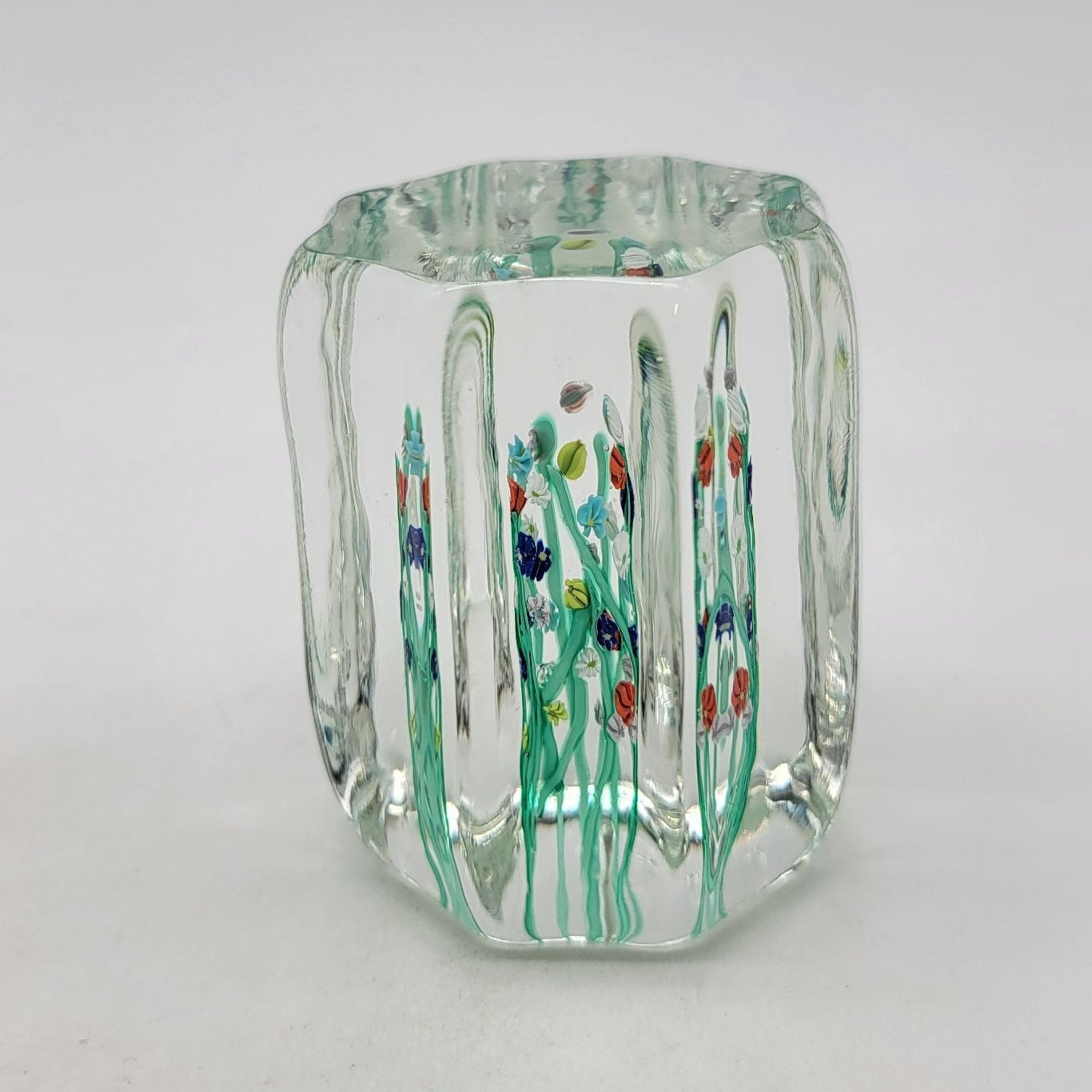 Vintage Art Glass Millefiori Flower Cased Paperweight