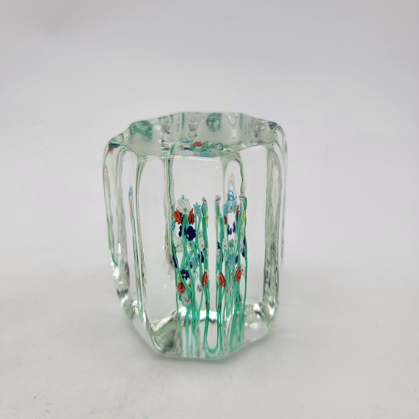 Vintage Art Glass Millefiori Flower Cased Paperweight