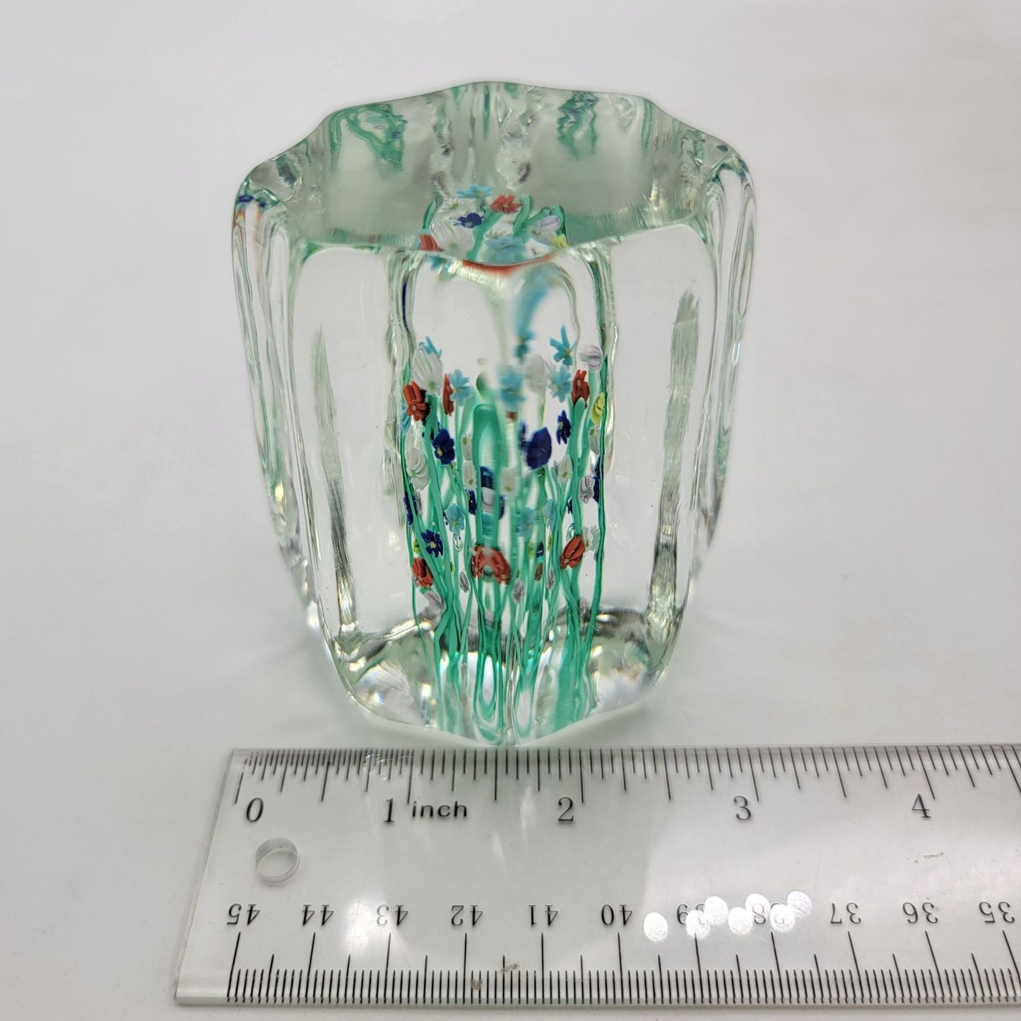 Vintage Art Glass Millefiori Flower Cased Paperweight