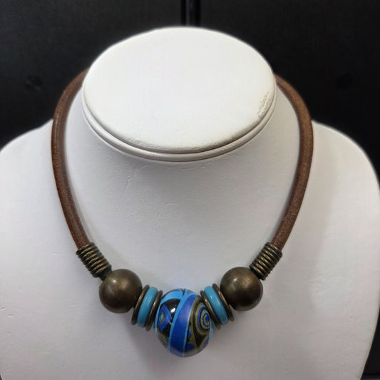 Artisan Blue Art Pottery & Metal Beaded Necklace On Brown Suede Cord