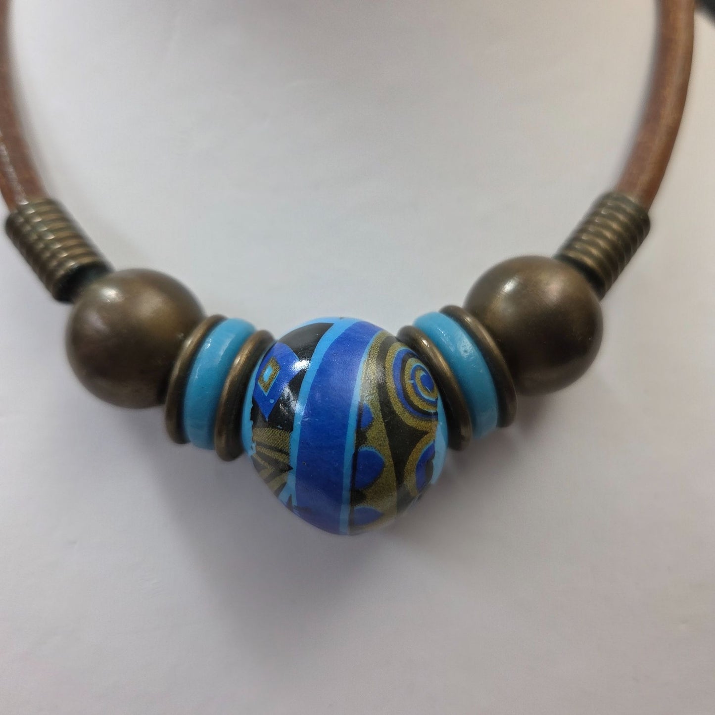 Artisan Blue Art Pottery & Metal Beaded Necklace On Brown Suede Cord