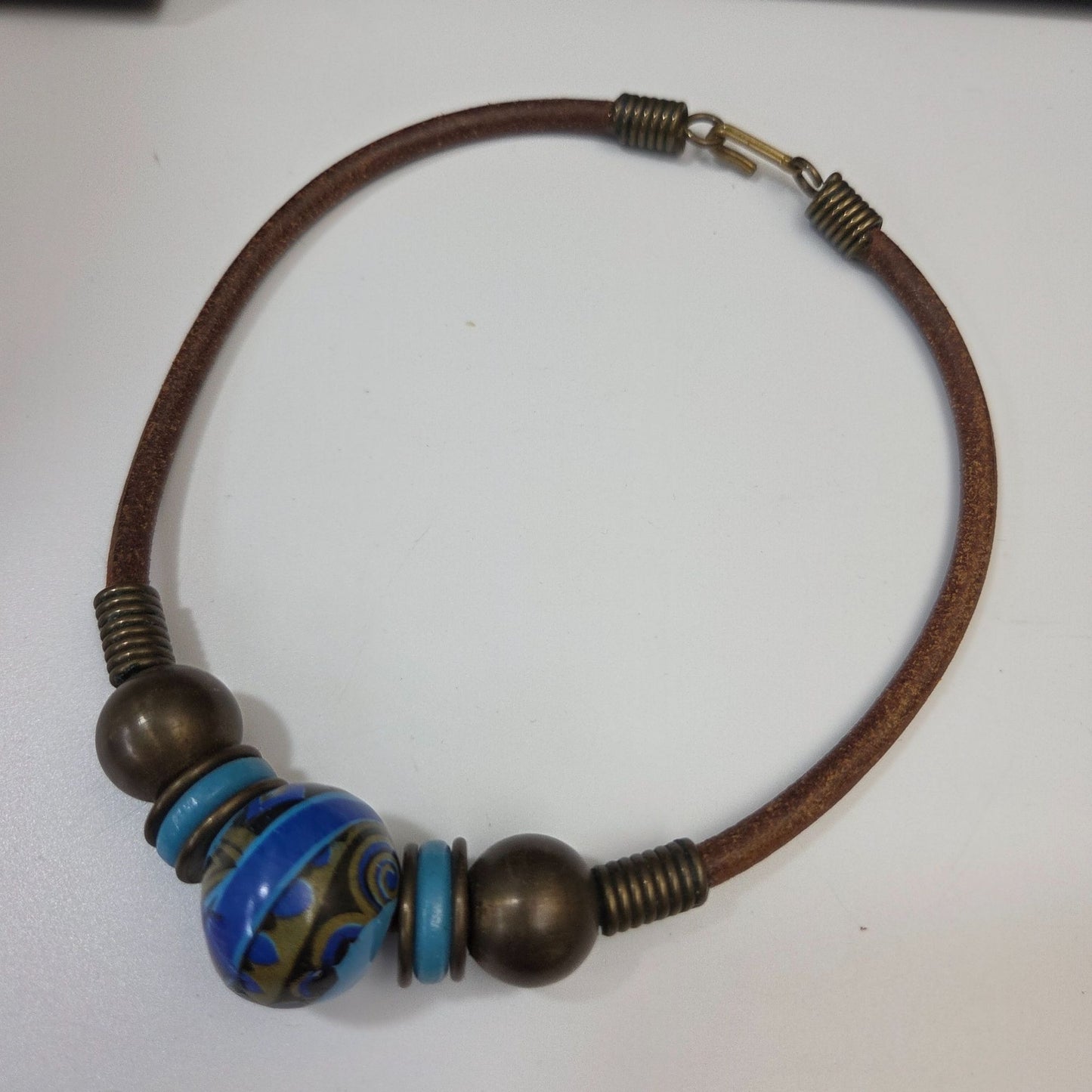 Artisan Blue Art Pottery & Metal Beaded Necklace On Brown Suede Cord