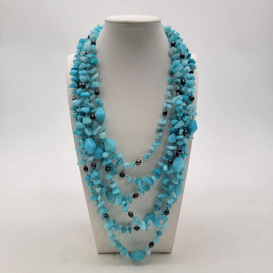 Blue Caribbean Quartz Gemstone & Peacock Freshwater Pearl Multi-Strand Necklace
