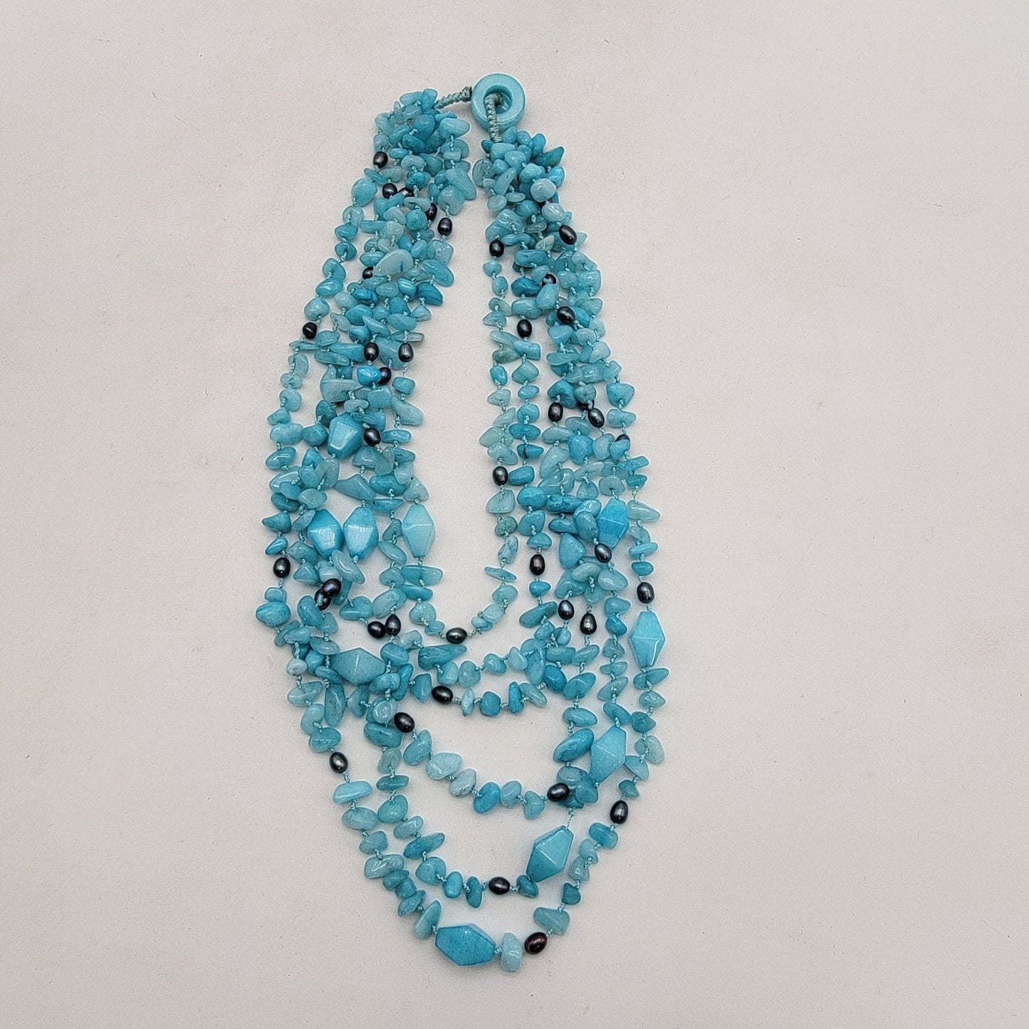 Blue Caribbean Quartz Gemstone & Peacock Freshwater Pearl Multi-Strand Necklace
