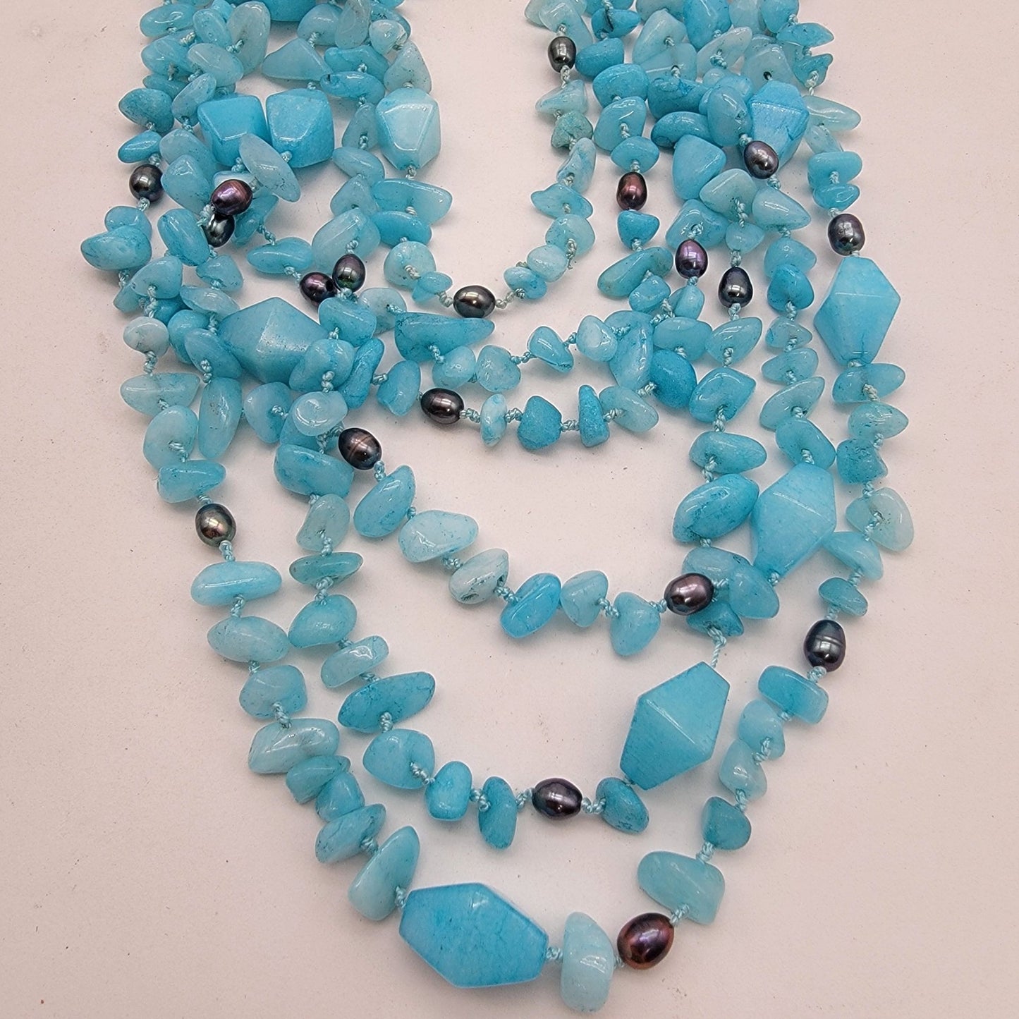 Blue Caribbean Quartz Gemstone & Peacock Freshwater Pearl Multi-Strand Necklace
