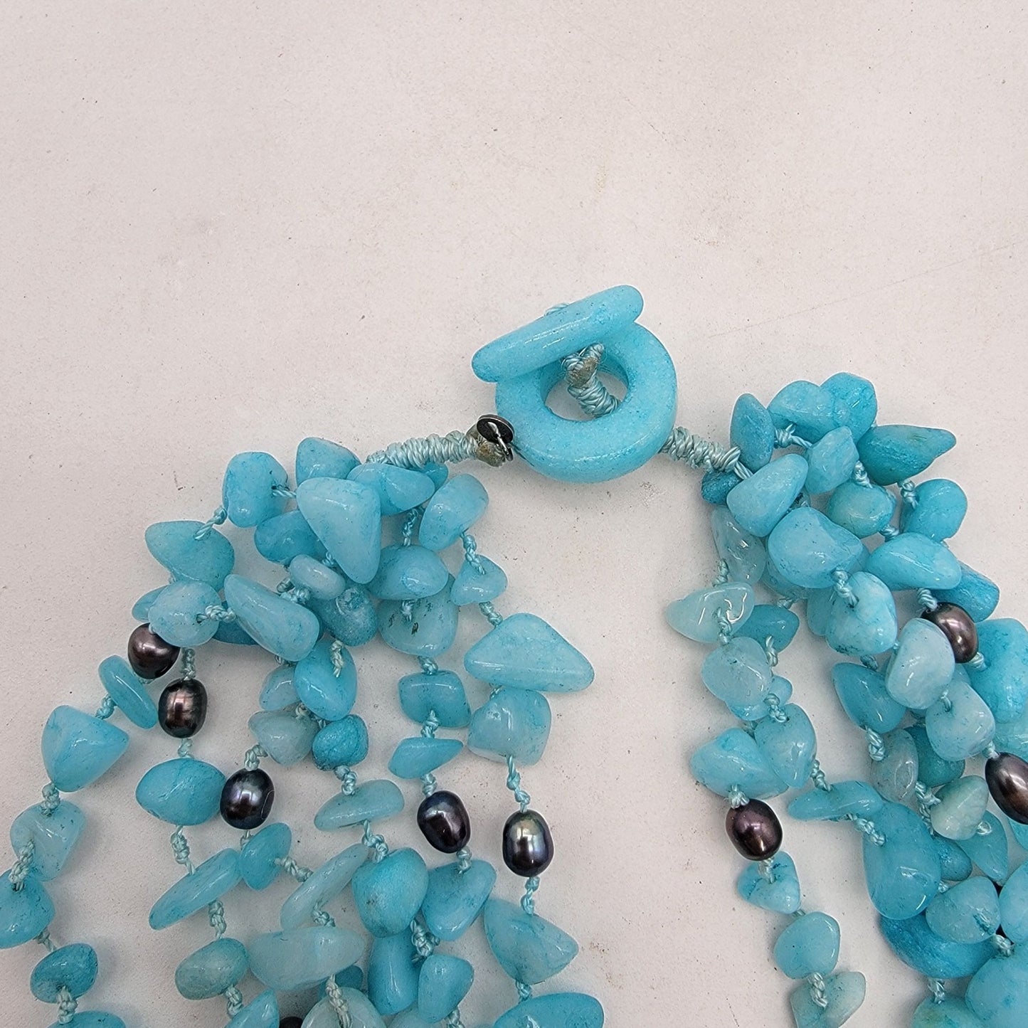 Blue Caribbean Quartz Gemstone & Peacock Freshwater Pearl Multi-Strand Necklace