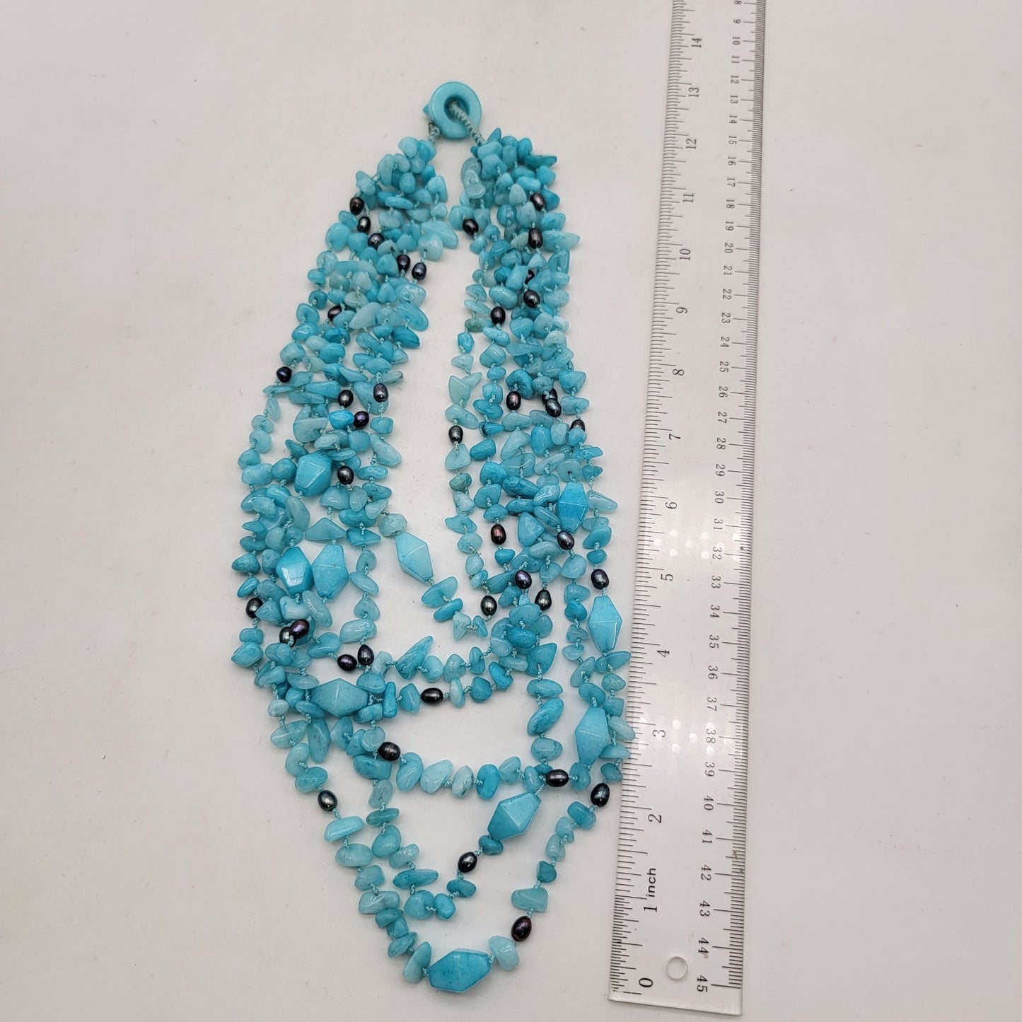 Blue Caribbean Quartz Gemstone & Peacock Freshwater Pearl Multi-Strand Necklace