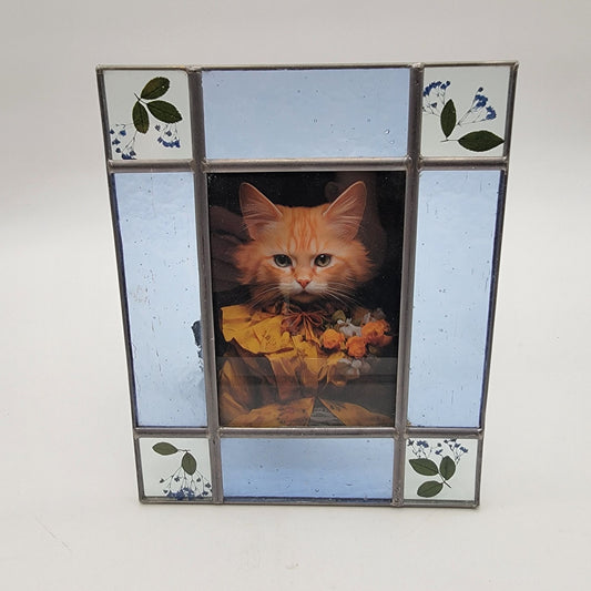 Victorian Orange Tabby Cat Art Print in Vintage Stained Glass Pressed Flowers Frame