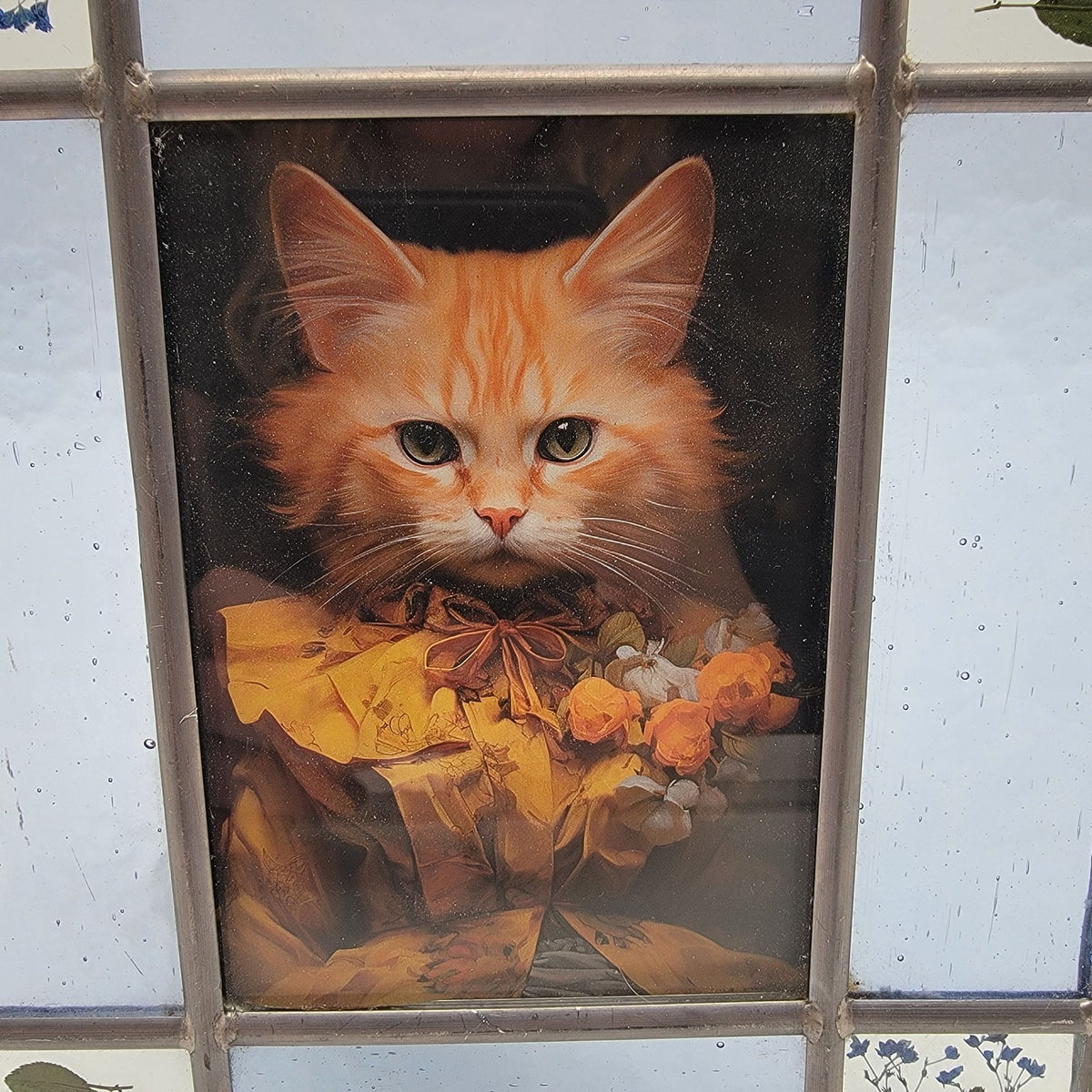 Victorian Orange Tabby Cat Art Print in Vintage Stained Glass Pressed Flowers Frame