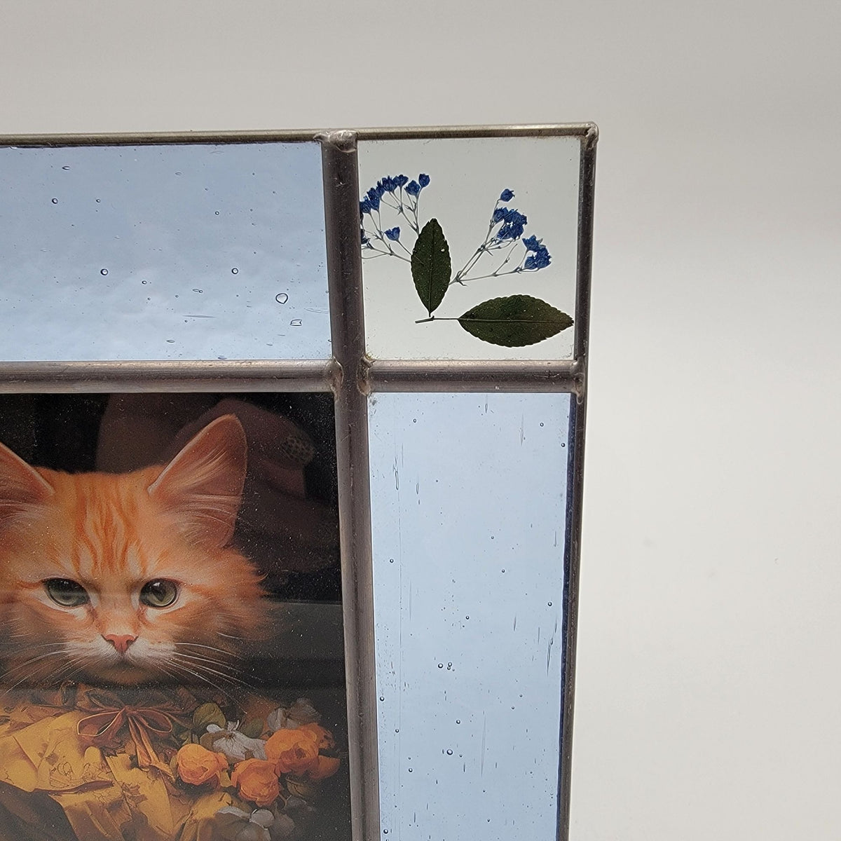 Victorian Orange Tabby Cat Art Print in Vintage Stained Glass Pressed Flowers Frame