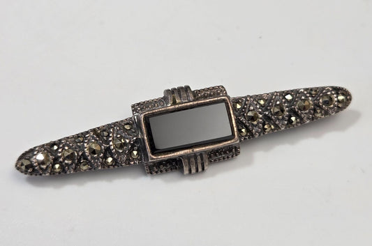 Vintage Art Deco Judith Jack 925 Silver Marcasite & Black Onyx Brooch