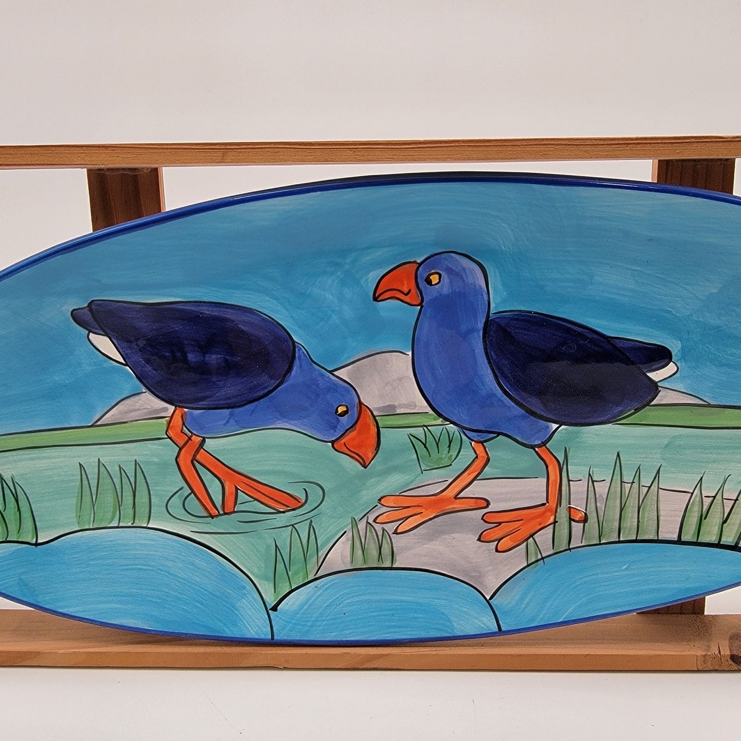 Hand Painted Oval Dish NZ Pukeko Bird Motif Pacific Breeze