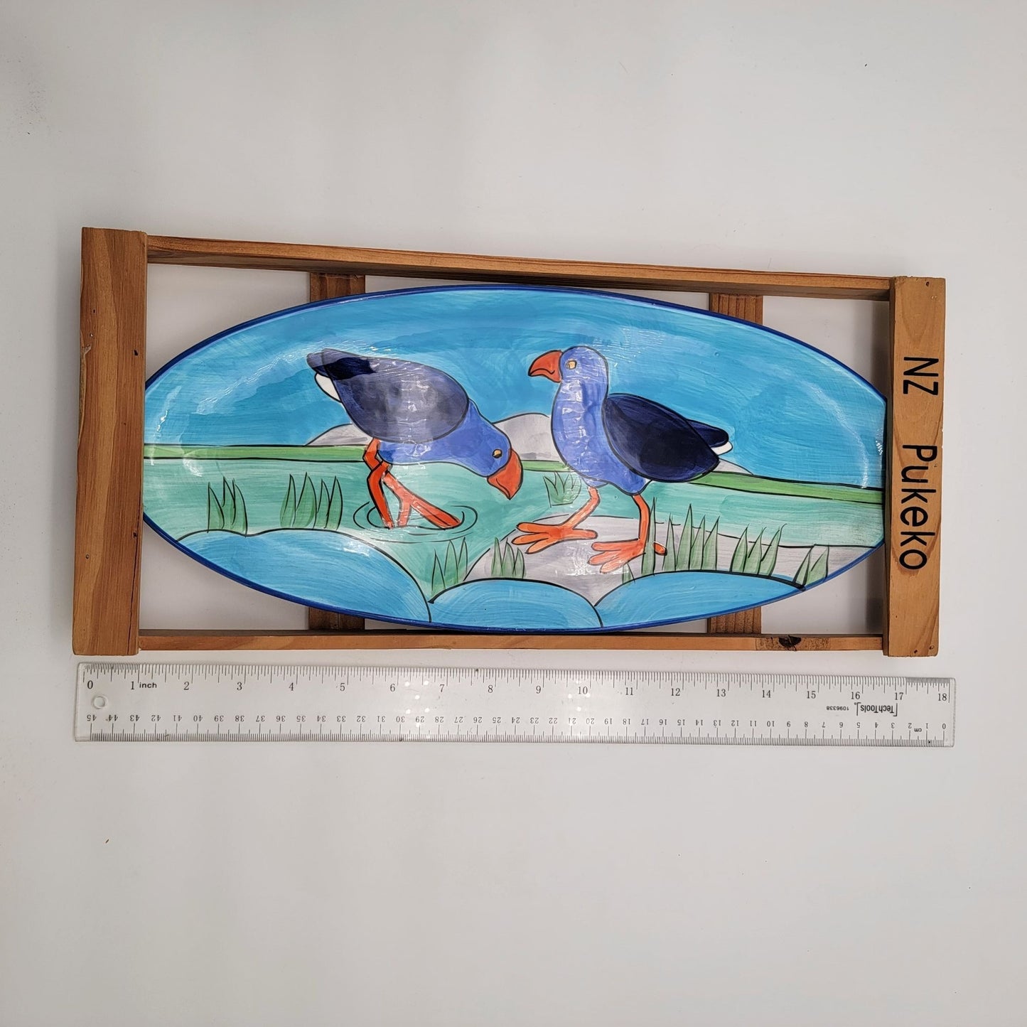 Hand Painted Oval Dish NZ Pukeko Bird Motif Pacific Breeze