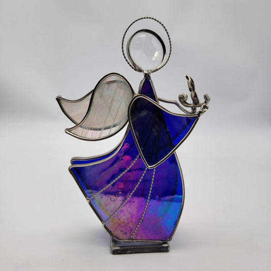 Stained Glass Angel Figurine With Iridescent Blue Purple & Clear Textured Glass