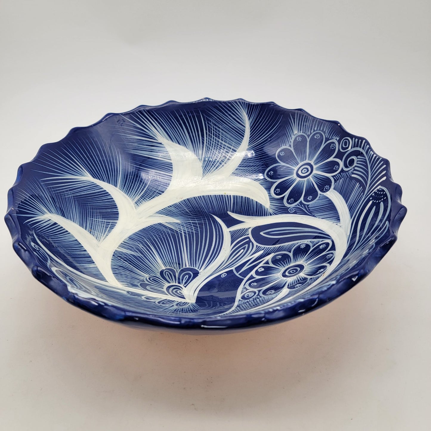 Mexican Pottery Blue & White Floral Footed Bowl
