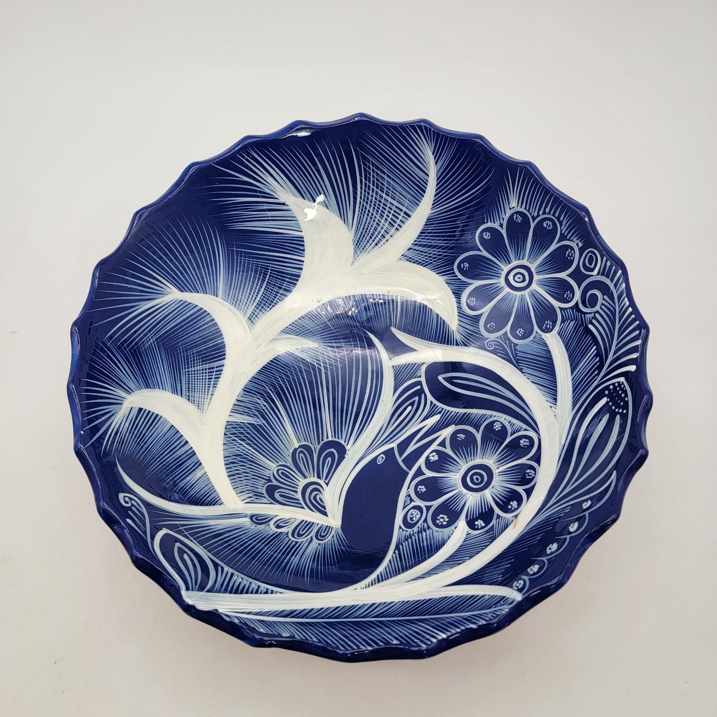 Mexican Pottery Blue & White Floral Footed Bowl